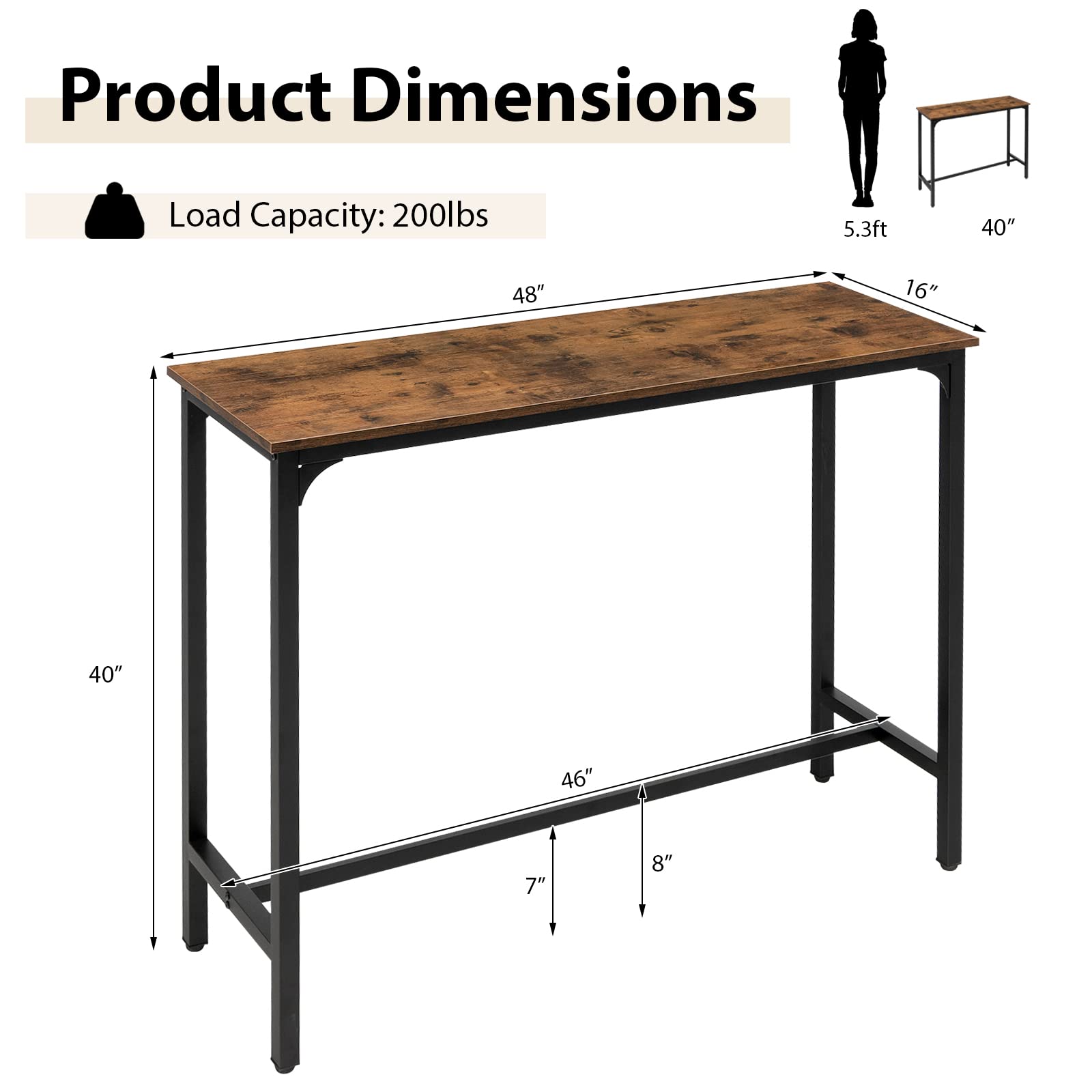 COSTWAY 48 Inch Industrial Bar Table with Steel Frame & Footrest - Rustic Brown Kitchen Dining Table, Narrow Console Table for Entryway, Home & Apartment | Perfect for Small Spaces, Breakfast Nooks & Entertaining Guests