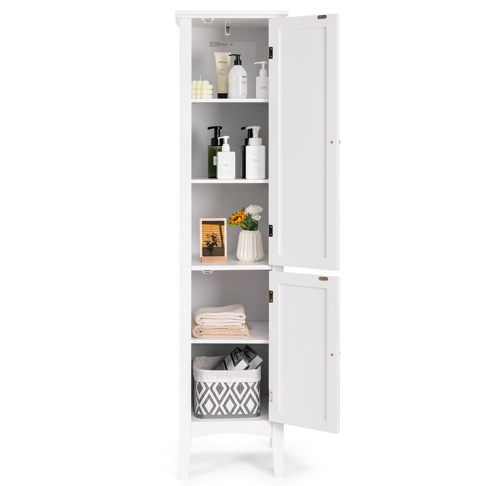 Giantex 5-Tier Storage Cabinet - Freestanding Tall Bathroom & Kitchen Organizer with Shelves, Slim Floor Cabinet for Living Room, Bedroom, Linen & Towel Storage (White) - Perfect for Small Spaces & Home Organization