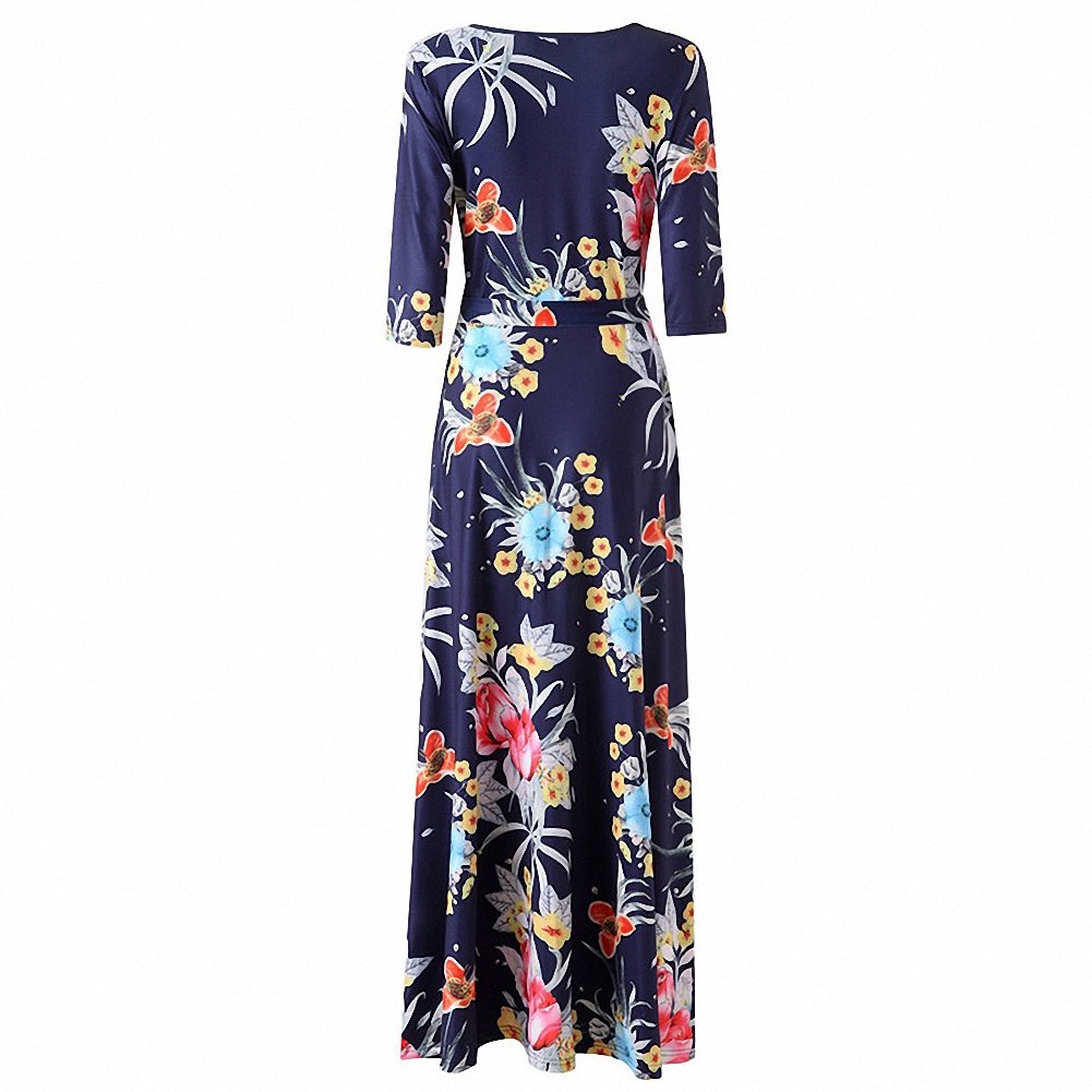 Afibi Women's Bohemian 3/4 Sleeve Faux Wrap Maxi Dress with Belt - Flowy Summer Beach Dress for Vacation, Party & Casual Wear