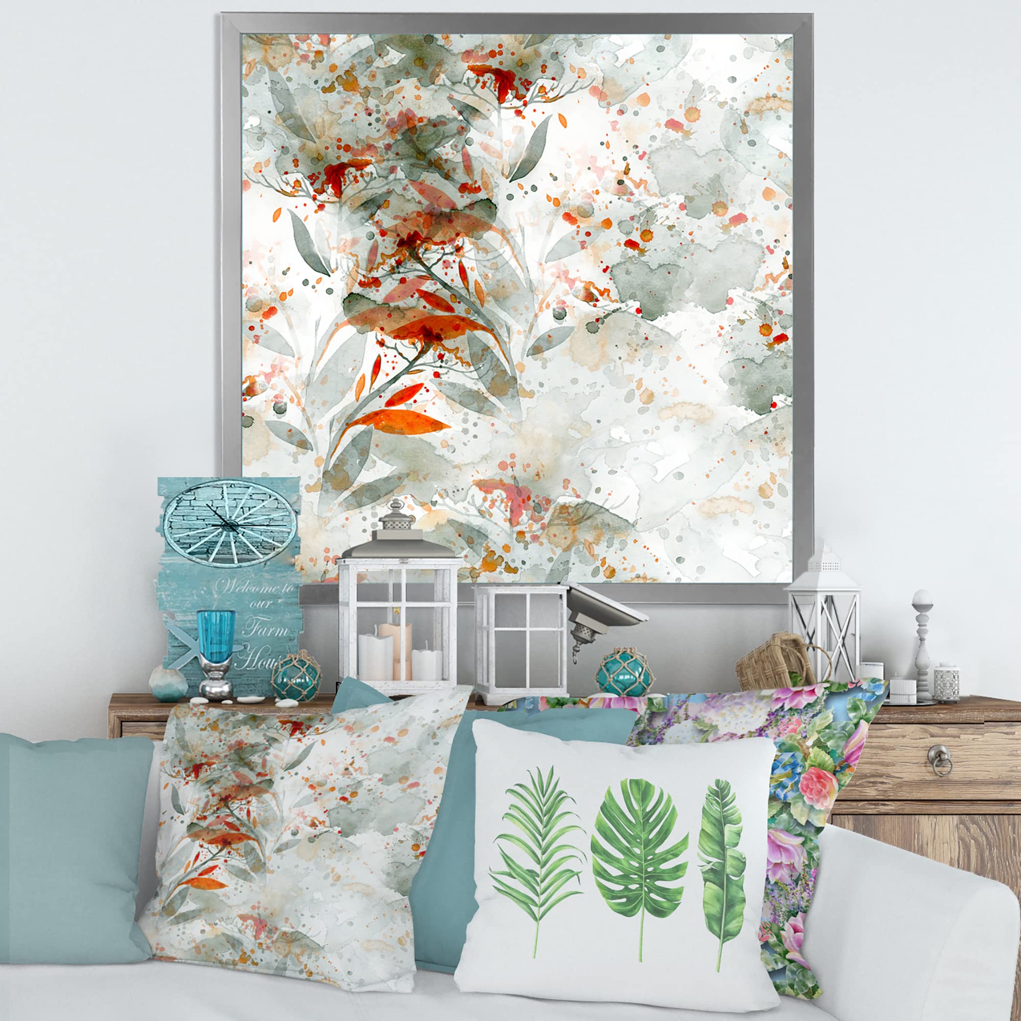 DesignQ Green and Orange Wildflowers II Modern Framed Wall Art - Vibrant Floral Canvas Painting for Living Room, Bedroom & Office Decor