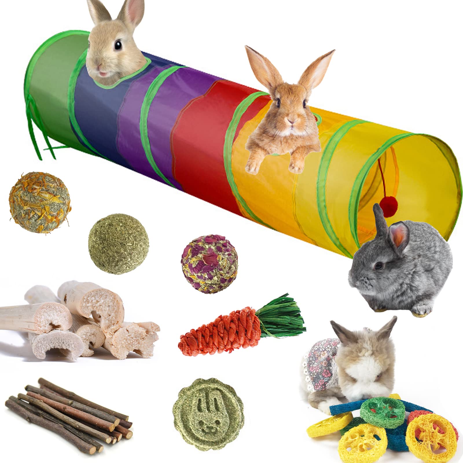 **Best Rabbit Toys for Small Pets - Large Bunny Hideout Tunnel with Chew Toys, Apple Sticks, Bamboo Carrot & Loofah Ball for Guinea Pig, Chinchilla, Ferret & Rat - Perfect for Playtime & Teeth Grinding**
