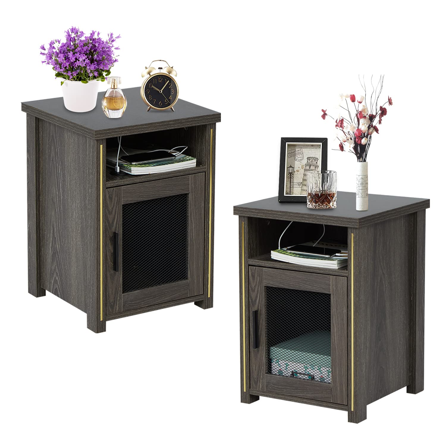 Kinbor Set of 2 Modern End Tables with USB Charging Ports & Storage Door - Nightstand Bedside Tables for Living Room, Bedroom - Perfect for Charging Devices & Organizing Essentials