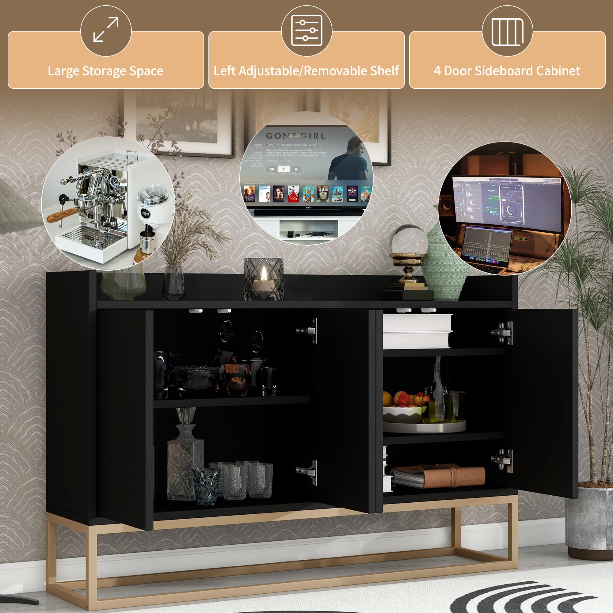 Modern Sideboard Buffet Cabinet with Storage Doors - Wooden Storage Cabinet with Adjustable Shelves & Sturdy Metal Base, Black - Perfect for Dining Room, Living Room, or Entryway Organization