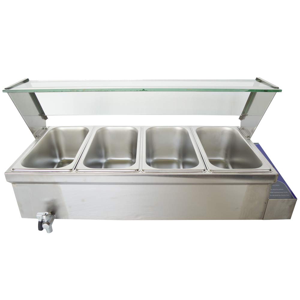 Commercial Food Warmer Bain Marie Buffet Steam Heater - 12x5.5x6 Inch Stainless Steel Pan with Glass Shield (4 Pans) - Perfect for Restaurants, Catering & Buffet Service