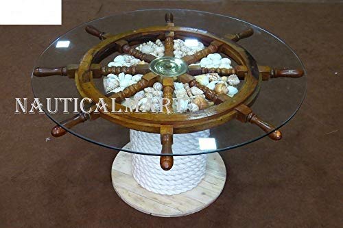 36'' Wooden Ship Wheel Coffee Table - Nautical Decor for Living Room, Beach House & Boat Cabin - Rustic Maritime Centerpiece with Functional Storage