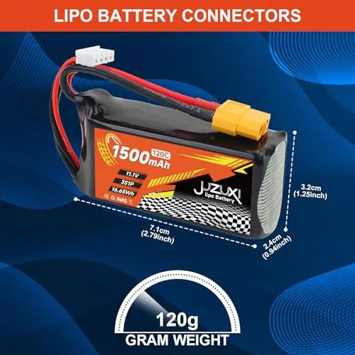 2Pcs 11.1V 1500mAh 3S 120C Lipo Battery Rechargeable Lithium Polymer Battery with XH & XT60 Connector - Compatible with FPV Racing Drones, RC Cars, Boats, Quadcopters, Helicopters & Airplanes - Perfect for High-Speed Racing, Aerial Photography & RC Model Power Supply