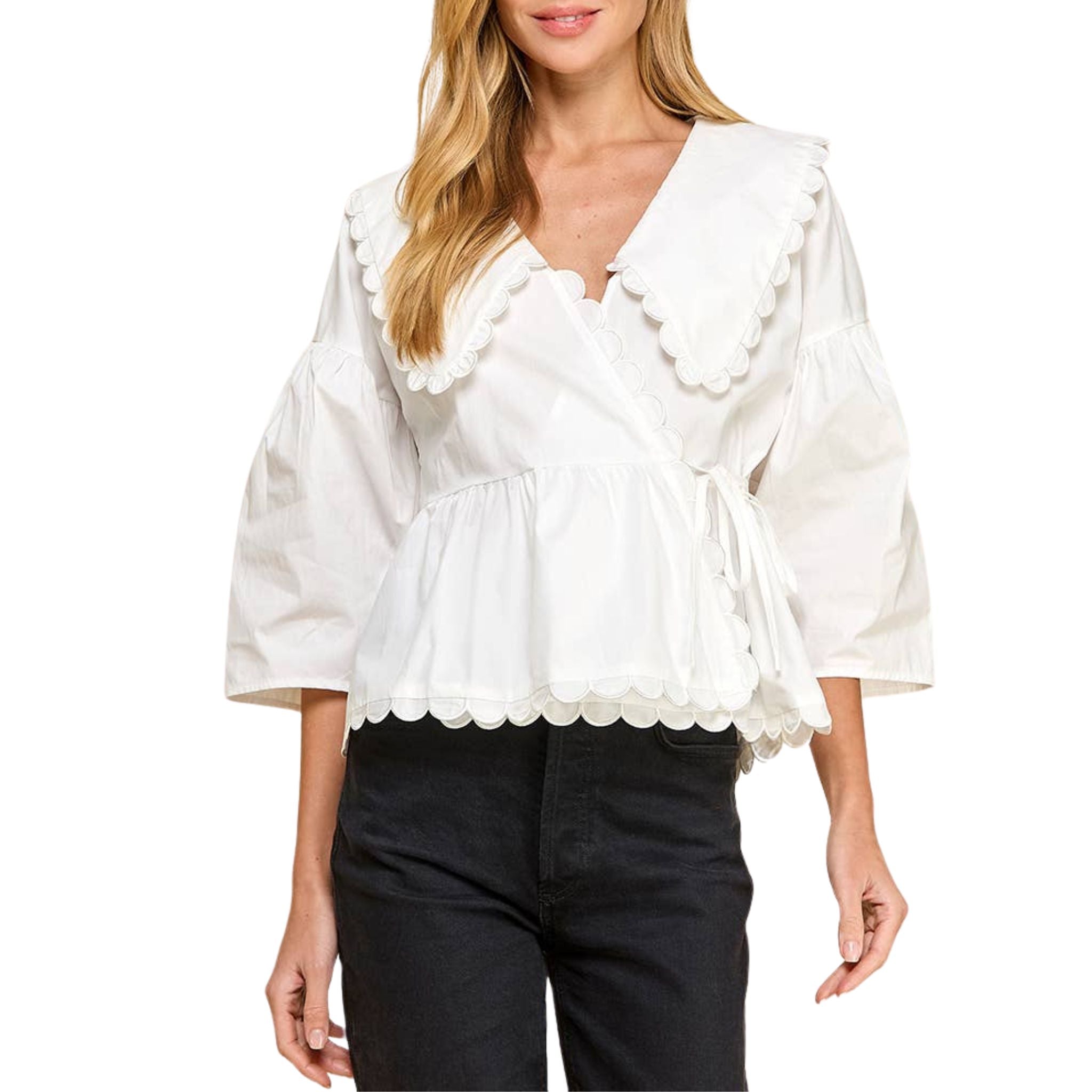 Elegant Peter Pan Collar Wrap Front Blouse - Vintage Inspired Women's Tops for Office, Date Night & Casual Outfits