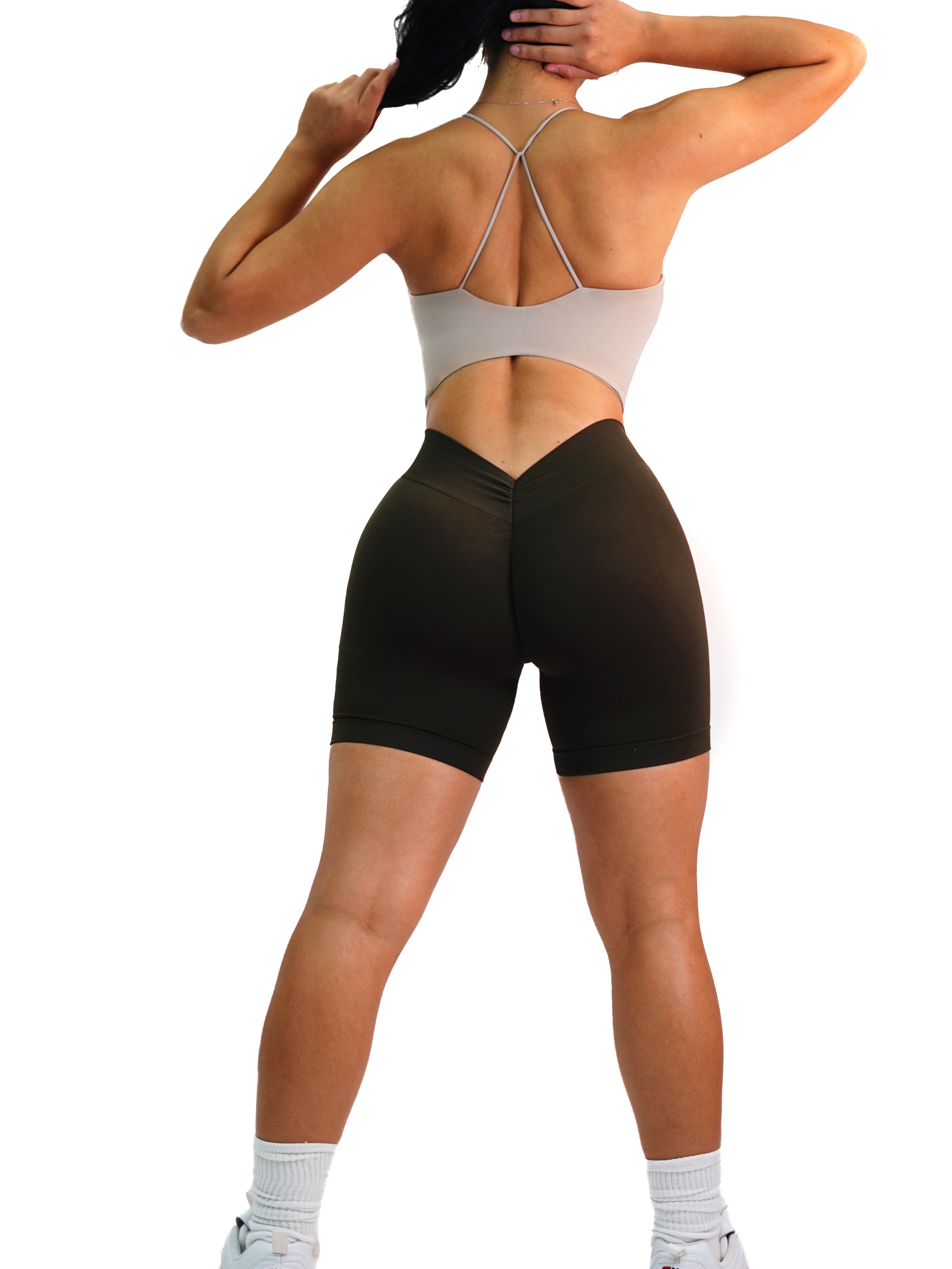Seamless Low Back Yoga Shorts for Women - High Waist Workout Running Shorts (Dark Chocolate) - Perfect for Yoga, Gym, Running & Lounge Wear