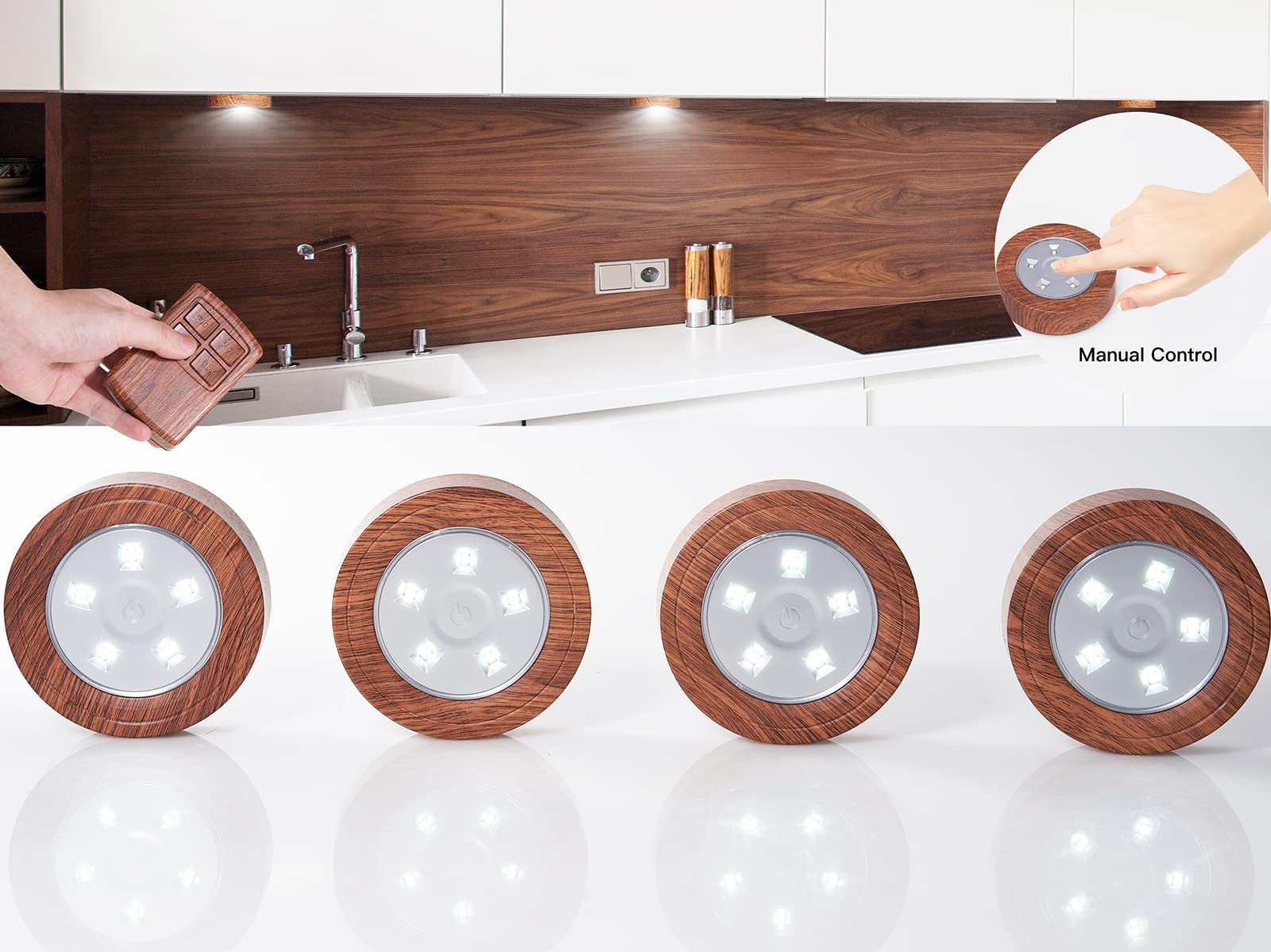 4 Pack LED Puck Lights with Remote - Dimmable Under Cabinet Lights, Battery Operated with Auto Timer - Perfect for Kitchen, Closet, Hallway & Stairs (Woodgrain Finish) - Ideal for Task Lighting & Home Decor