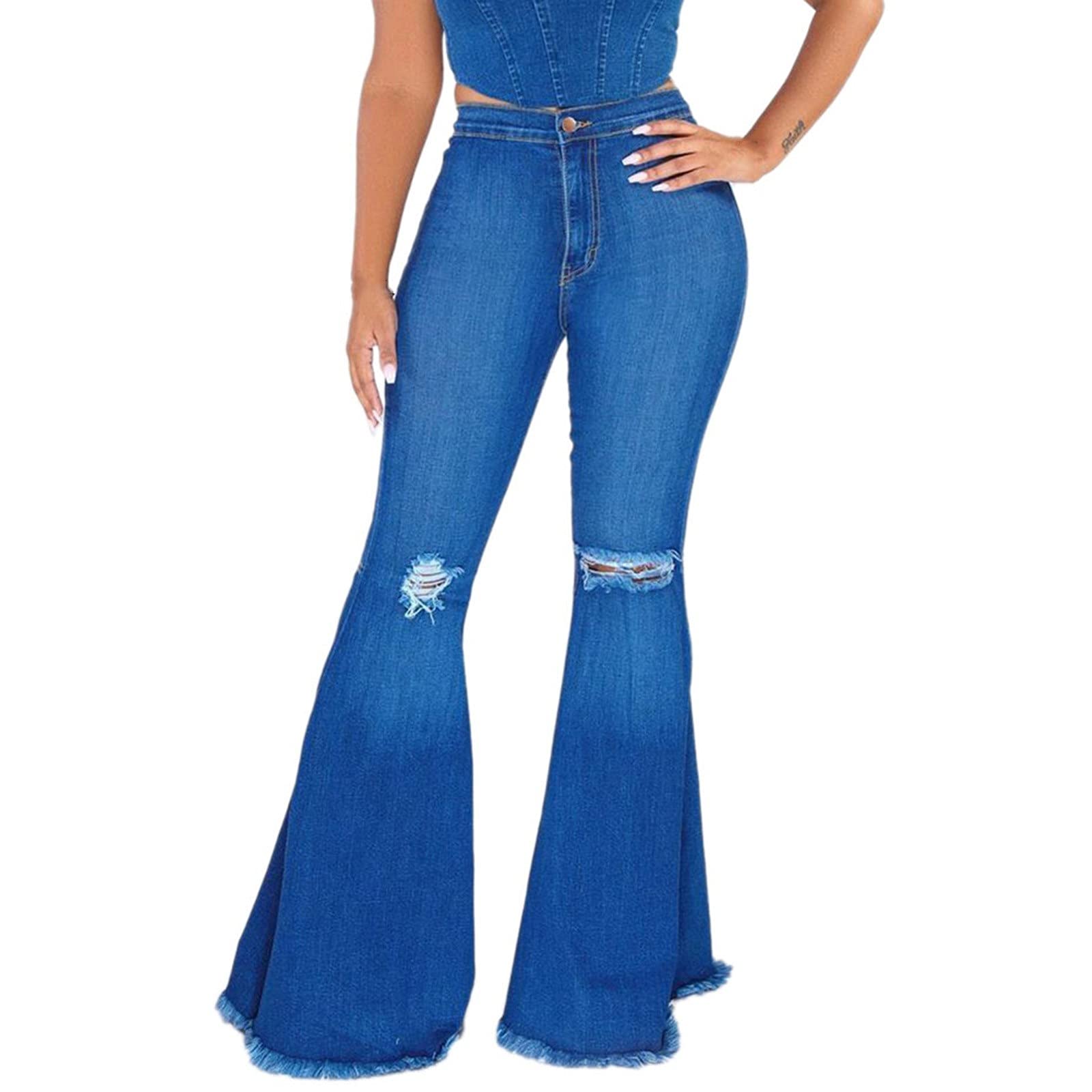 Women's Casual Wide Leg Jeans - Vintage Distressed Baggy Trousers with Bell Bottom for Streetwear | Perfect for Everyday Wear, Outfits with Crop Tops & Sneakers