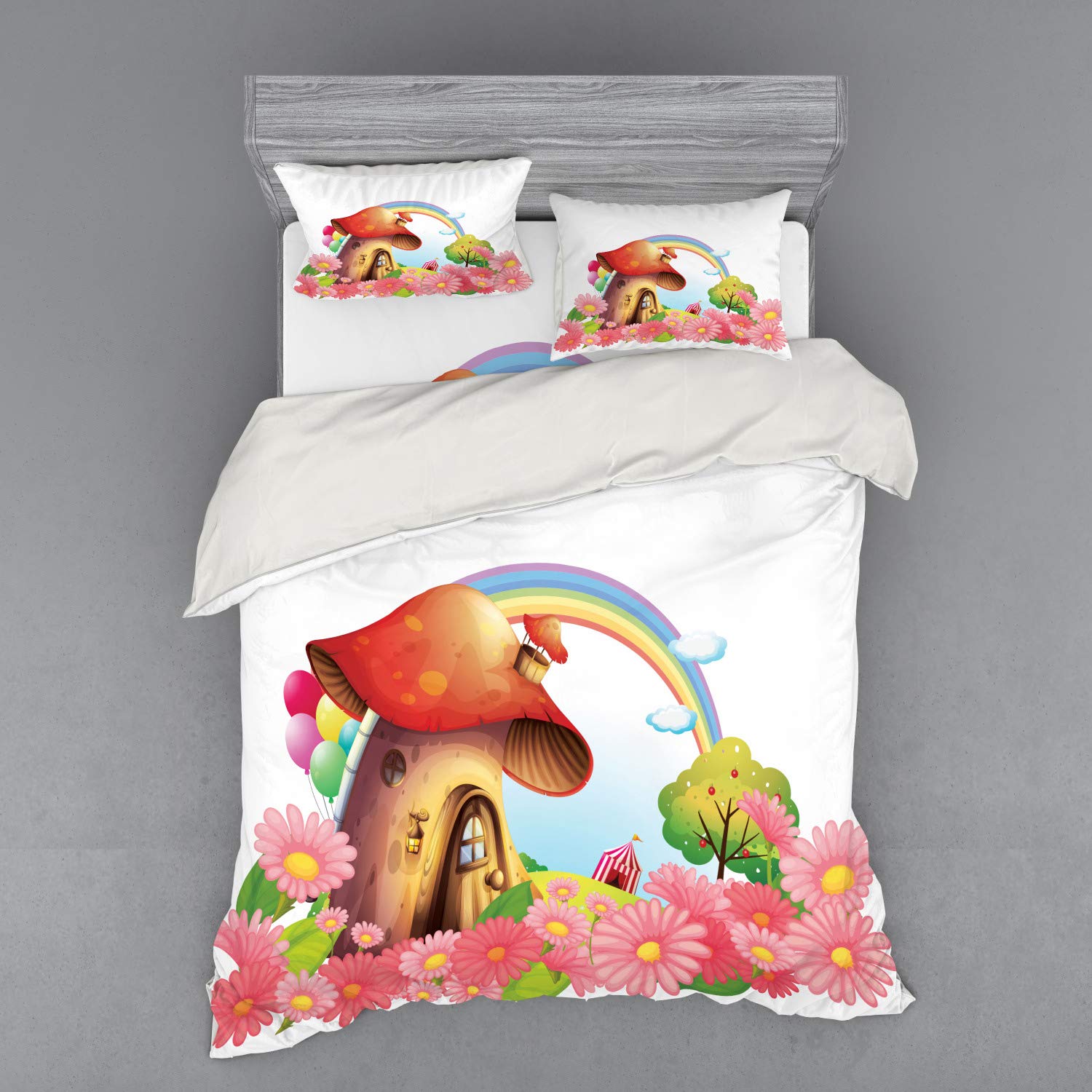 Ambesonne Mushroom Duvet Cover Set - Queen Size 4-Piece Bedding with Shams & Fitted Sheet | Colorful Garden of Flowers, Rainbow Fruit Trees & Circus Tent Balloons Design | Perfect for Kids' Rooms, Nursery Decor or Whimsical Bedroom Themes