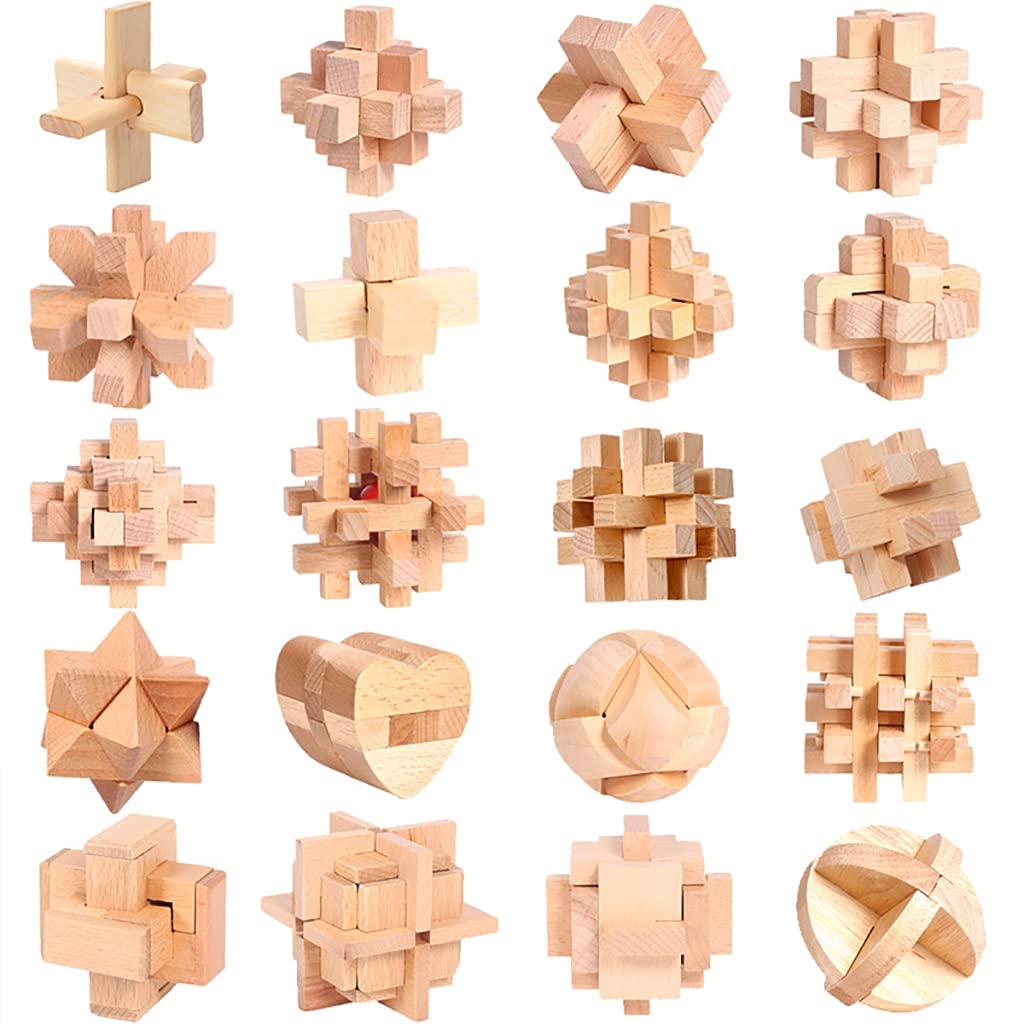 3D Luban Lock Wooden Puzzle - Brain Teaser & Stress Relief Toy for Kids & Adults | Kongming Lock Interlocking Building Blocks | Educational STEM Gift (20pcs Jumu Beech) - Perfect for Office Desk, Classroom & Family Game Night
