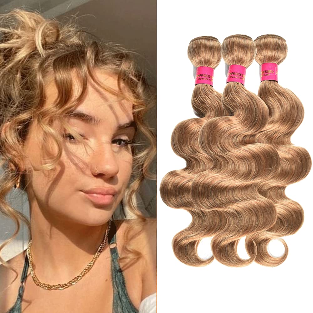 WOME Honey Blonde Hair Weave Bundles - 100% Virgin Peruvian Human Hair #27 Body Wave 8A Grade Unprocessed Remy Hair Extensions (10 12 14 Inch) for Natural Look & Styling - Perfect for Daily Wear, Parties & Special Occasions