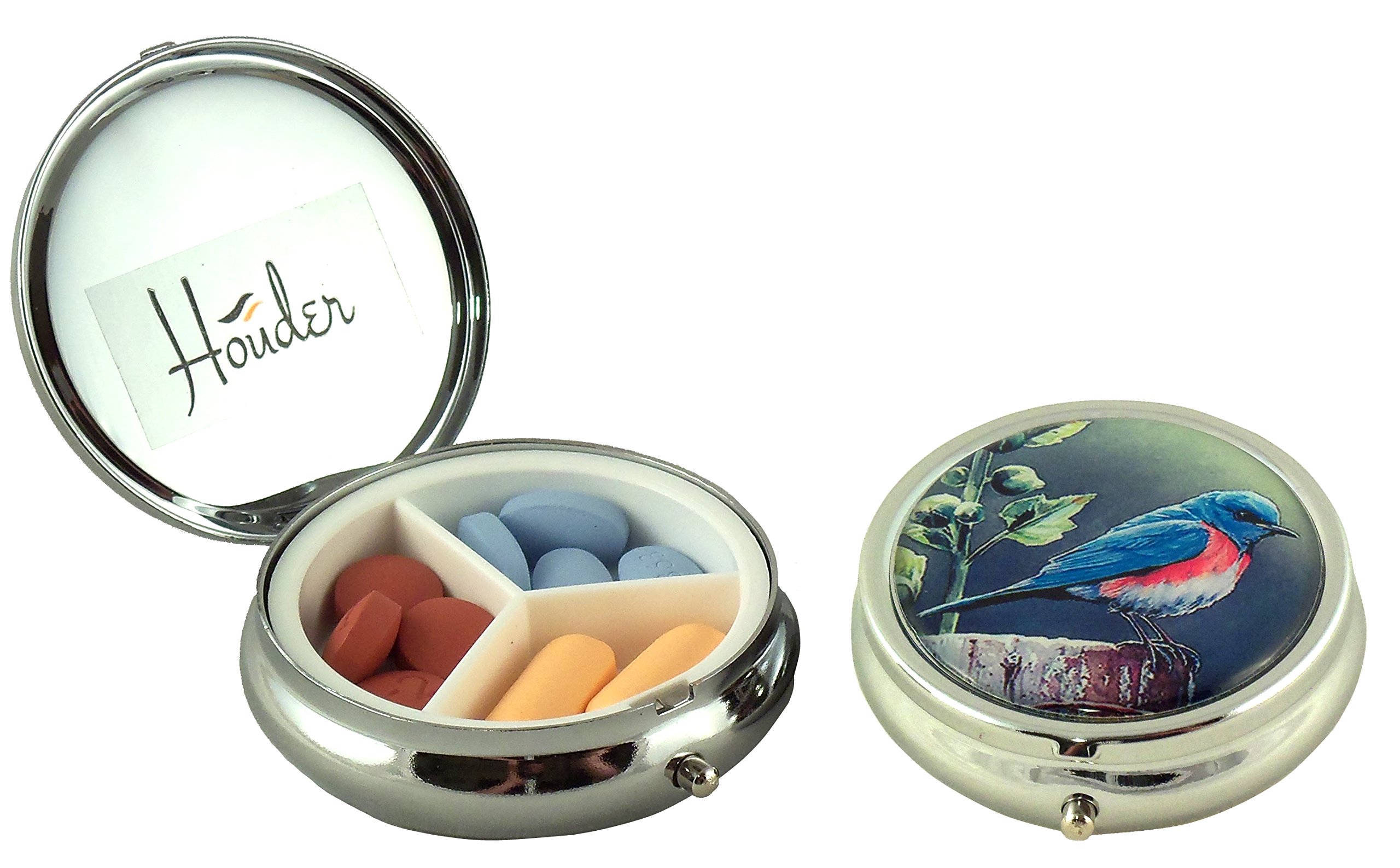 Houder Designer Pill Organizer - Stylish Decorative Pill Case with Gift Box - Portable Medication Holder for Travel & Daily Use (Blue Bird)