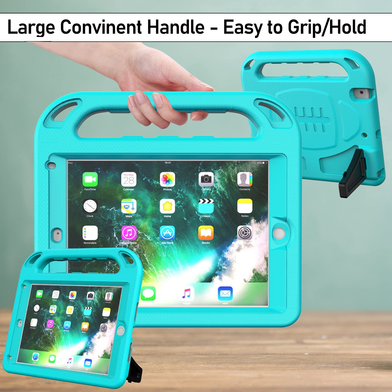 LTROP Shockproof Kids iPad Case for iPad 6th/5th Generation & Air 2 (9.7 Inch 2018/2017 Models) - Built-in Screen Protector, Handle Stand - Teal Blue | Perfect for Home Learning, Travel & Playtime Protection