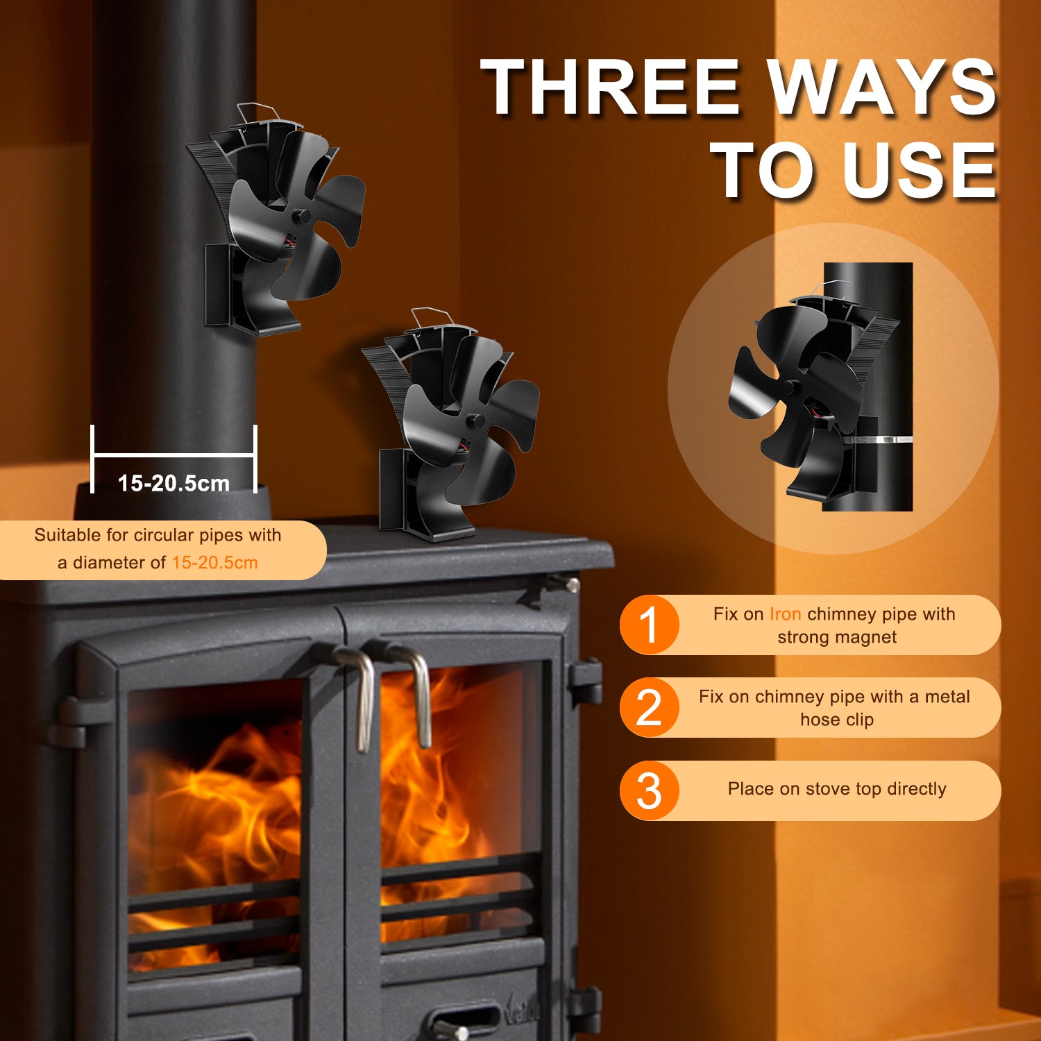 VODA 3-in-1 Wood Stove Fan with 4 Blades - Heat Powered Magnetic Fan for Fireplace, Camping & Home Heating - Eco-Friendly & Silent Operation