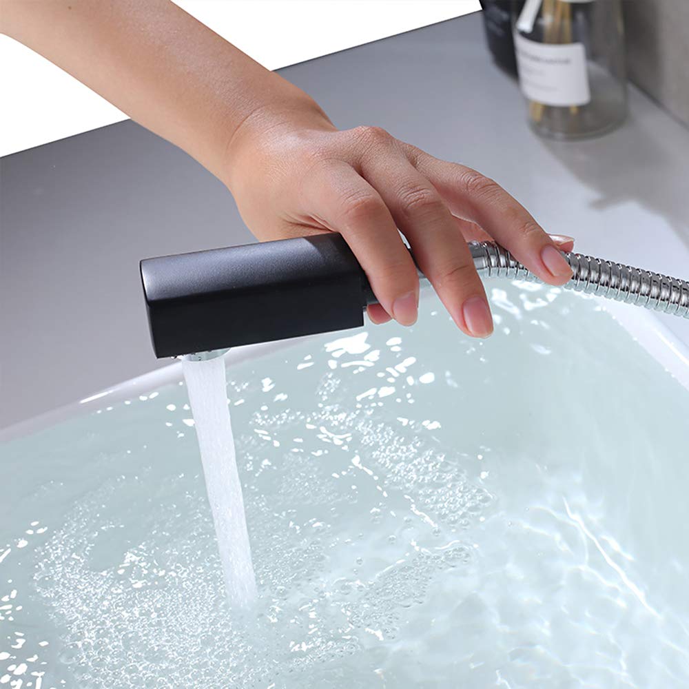 KAIYING Black Pull Down Vessel Sink Faucet - Single Hole Bathroom Lavatory Faucet with Rotating Spout & Pull Out Sprayer - Tall Single Handle Mixer Tap for Modern Vanity & Utility Sink (Perfect for Bathroom Remodel & Powder Room Upgrade)