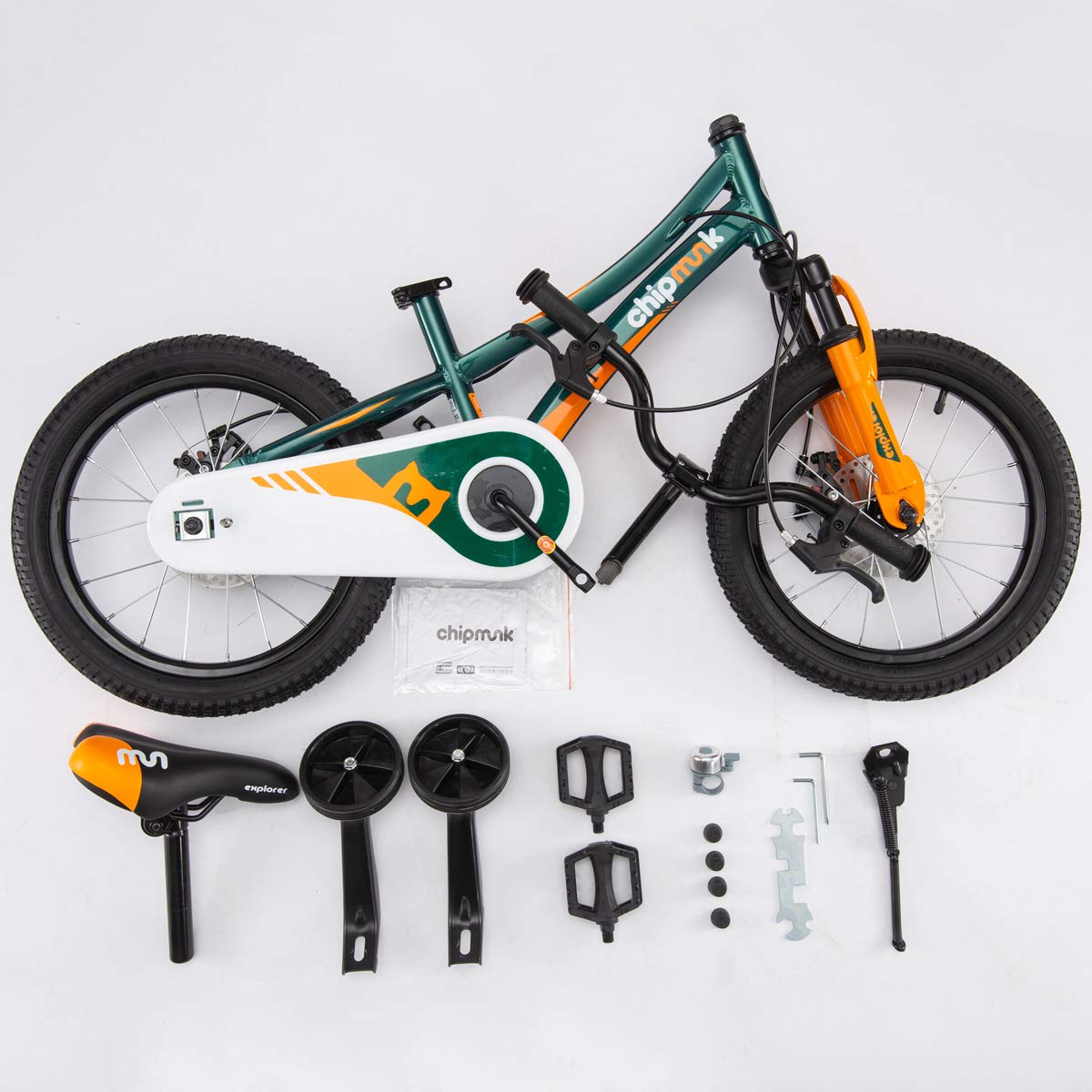 RoyalBaby Chipmunk Explorer 16 Inch Kids Bike with Dual Disc Brakes, Training Wheels, Kickstand & Bell - Complete Bike Tool Kit Included - Perfect Bicycle Gift for Boys & Girls Ages 4-8 Years Old - Ideal for Neighborhood Rides, Park Adventures & Learning to Cycle