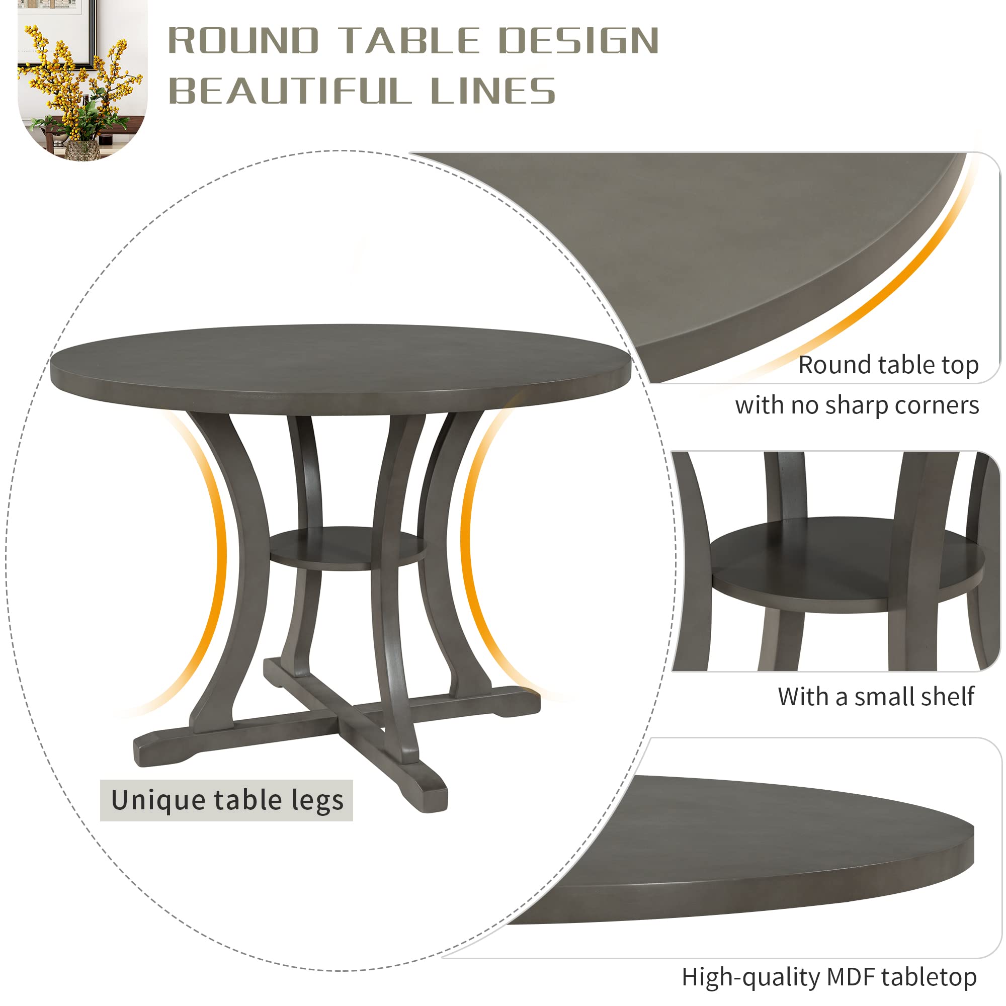 Polibi 5-Piece Round Wooden Dining Table Set with Unique Shaped Legs & 4 Elegant Hollow Back Chairs - Gray Modern Kitchen & Dining Room Furniture for Family Gatherings & Dinner Parties