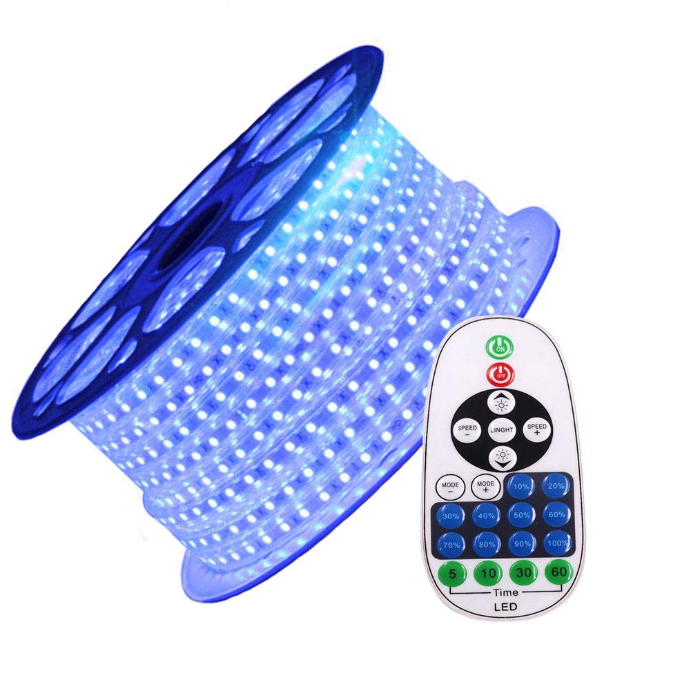 XUNATA 50ft Flexible LED Strip Lights - Dimmable Waterproof 5050 SMD Rope Light with Remote, 60 LEDs/M, 110-120V AC - Perfect for Party Decor, Home Lighting, Bedroom, Kitchen & Outdoor Use (Blue)