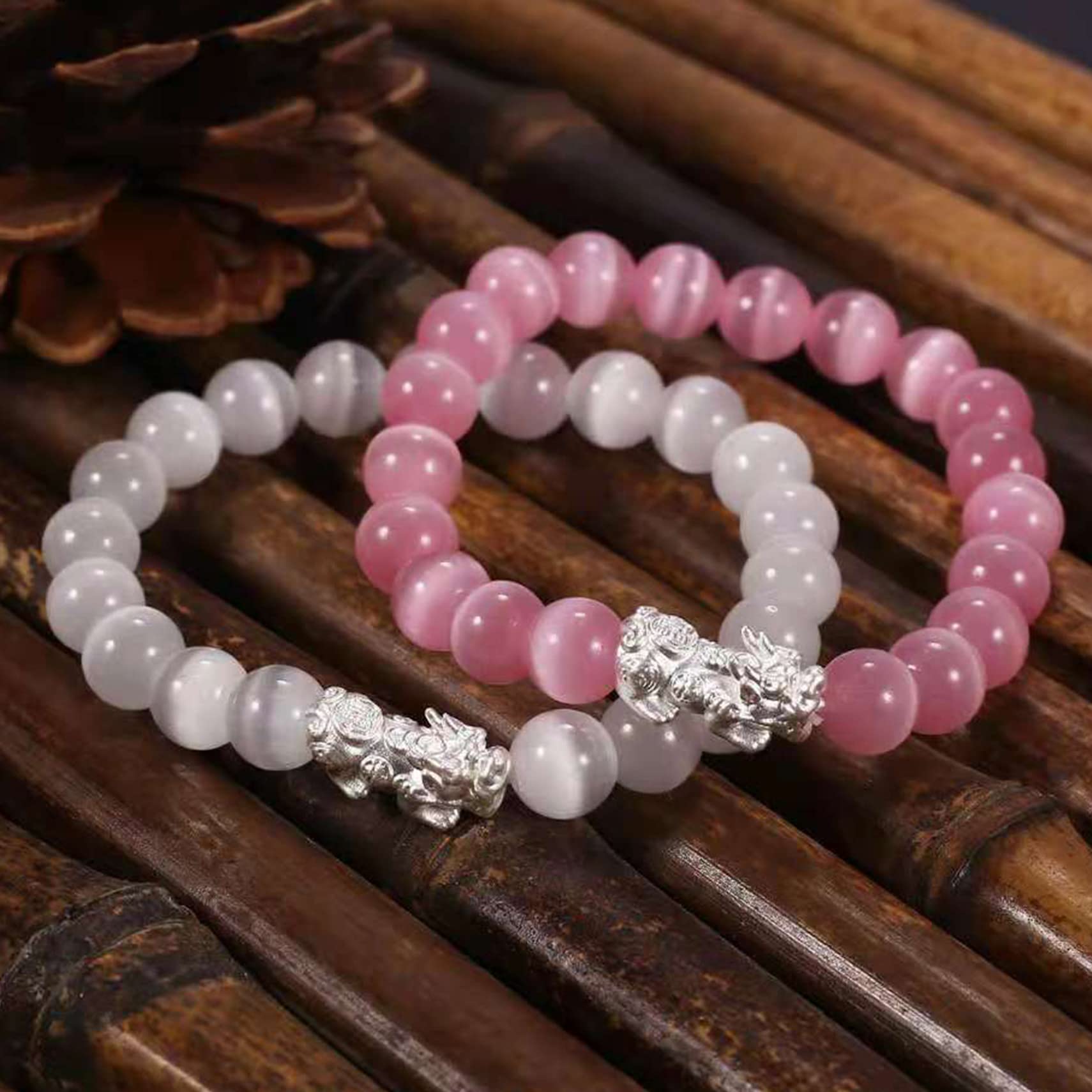 Feng Shui Bracelet for Women - Sterling Silver Pixiu Bracelet with Natural Cat Eye Stone & Crystal Chakra Stones - Good Luck Talisman Jewelry for Wealth & Protection - Perfect for Meditation, Gifts & Positive Energy