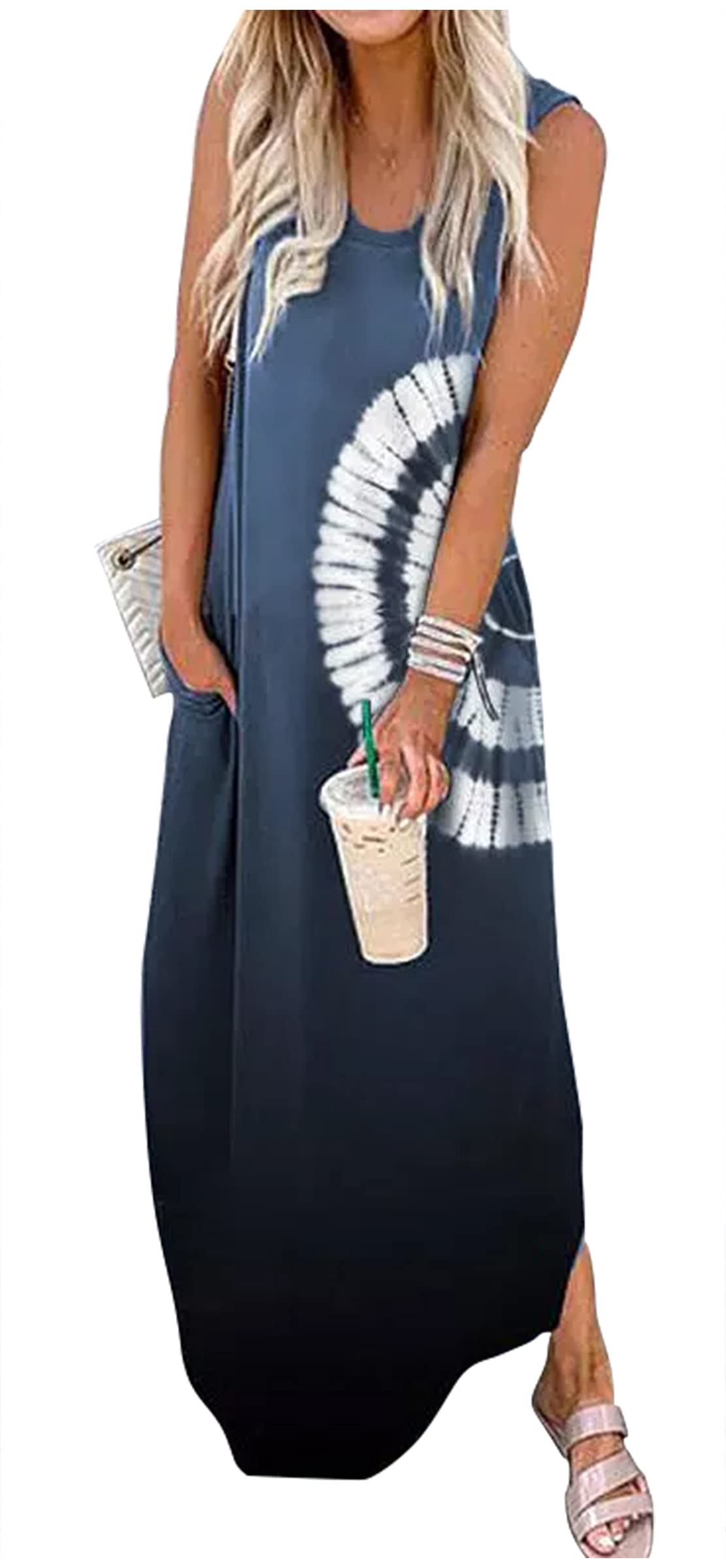 Women's Sleeveless Rainbow Graphic Maxi Dress with Pockets - Hawaiian Beach Tank Dress for Summer Vacation, Pool Party & Casual Outings