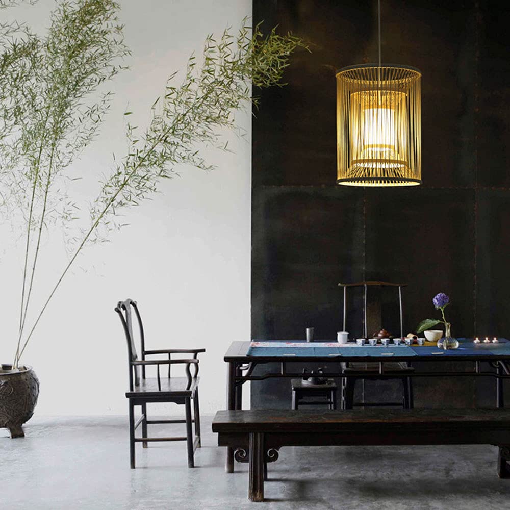 E27 Pedestal Ceiling Light Fixture - Bamboo Pendant Lamp & Rattan Woven Chandelier for Dining Room, Living Room & Tea Room - Perfect for Boho, Farmhouse & Coastal Home Decor