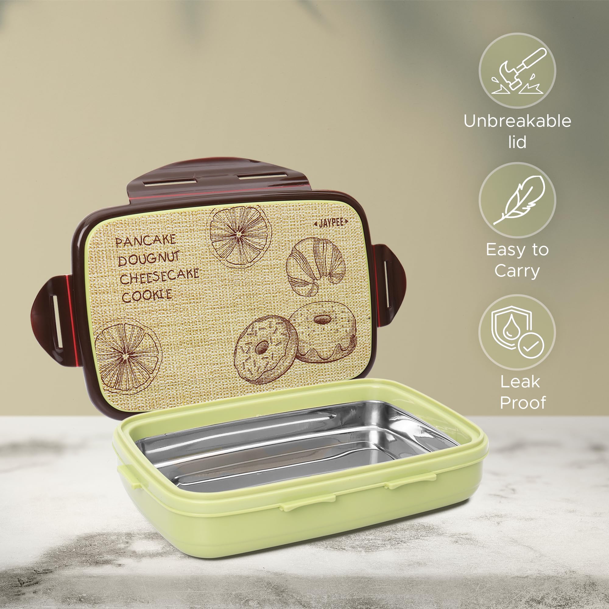Jaypee Ecosteel Sr Green 650ml Airtight Leak-Proof Lunch Box with Spoon - Lightweight & Easy to Clean Bento Box for Kids, School & Office - Perfect for Meal Prep, Snacks, Picnics & Travel