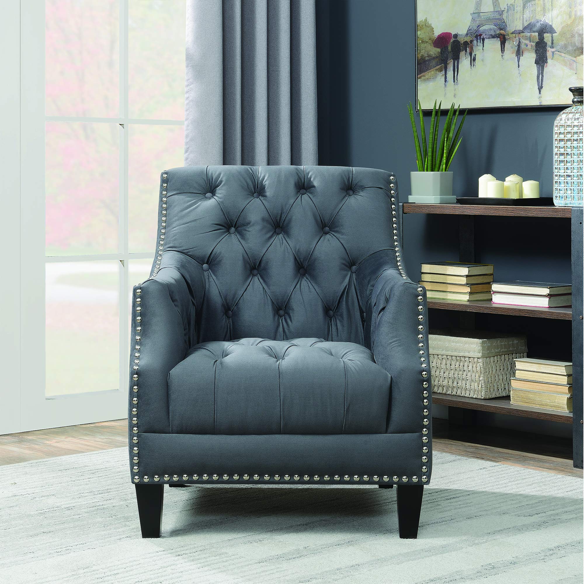 Cambridge Eudora Tufted Nail Trim Accent Chair in Charcoal - Stylish Living Room Seating for Home Office, Lounge & Reading Nook