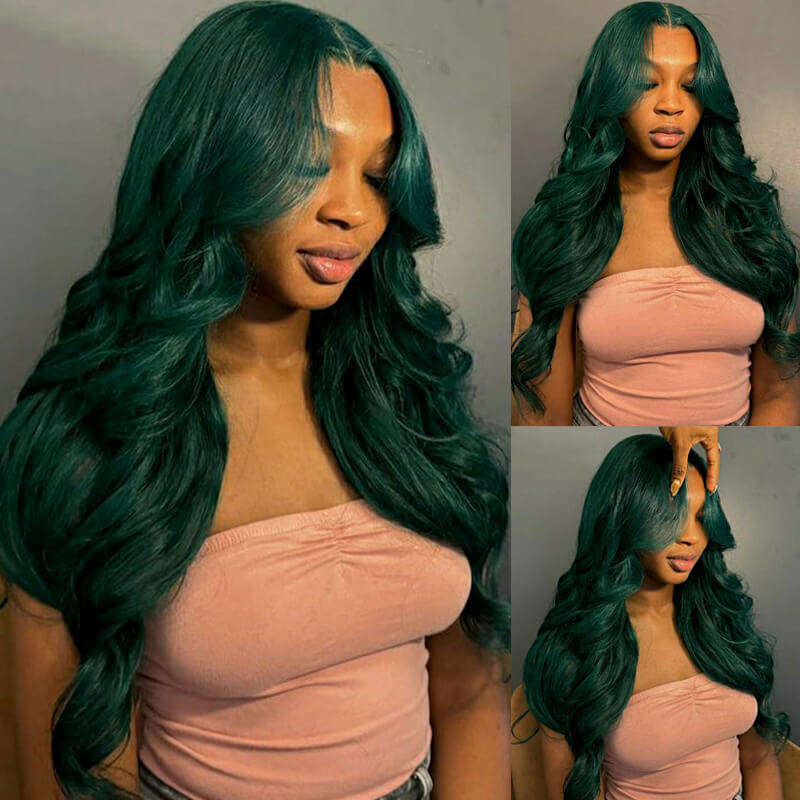 Eullair Dark Green Body Wave Glueless Human Hair Lace Front Wig with Layered Curtain Bangs for Women - Perfect for Cosplay, Parties & Daily Styling