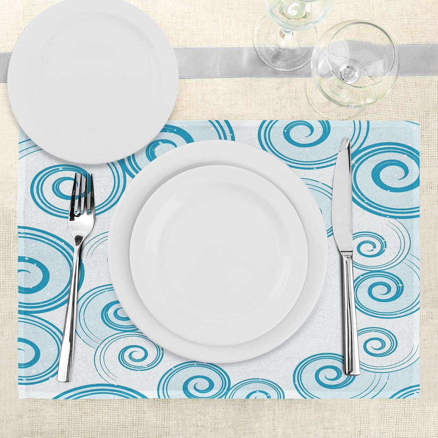 Ambesonne 4-Pack Teal and White Placemats - Ocean Wave Inspired Abstract Blue Swirl Design, Washable Fabric Table Mats for Dining Room & Kitchen Decor | Perfect for Beach-Themed Dinner Parties, Coastal Home Styling, and Everyday Meals