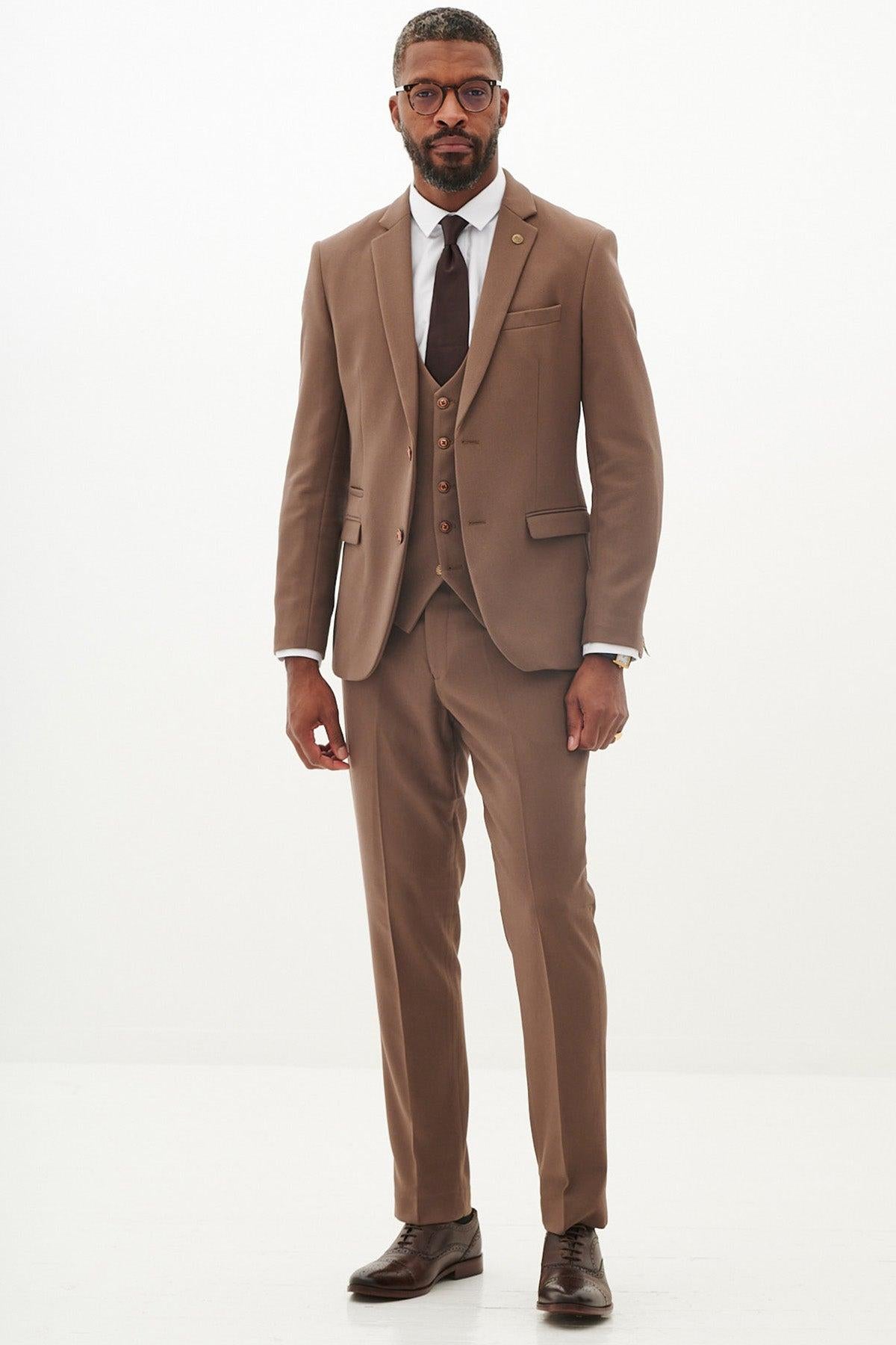 HM5 Tan Tailored Three Piece Suit for Men - Premium Business Formal Wear for Weddings, Interviews & Special Occasions