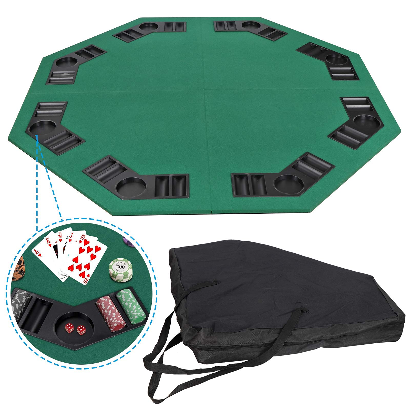 48-Inch Portable Poker Table Top - Foldable Octagon 8-Player Casino Poker Mat with Carrying Case | Perfect for Home Games, Parties & Casino Nights