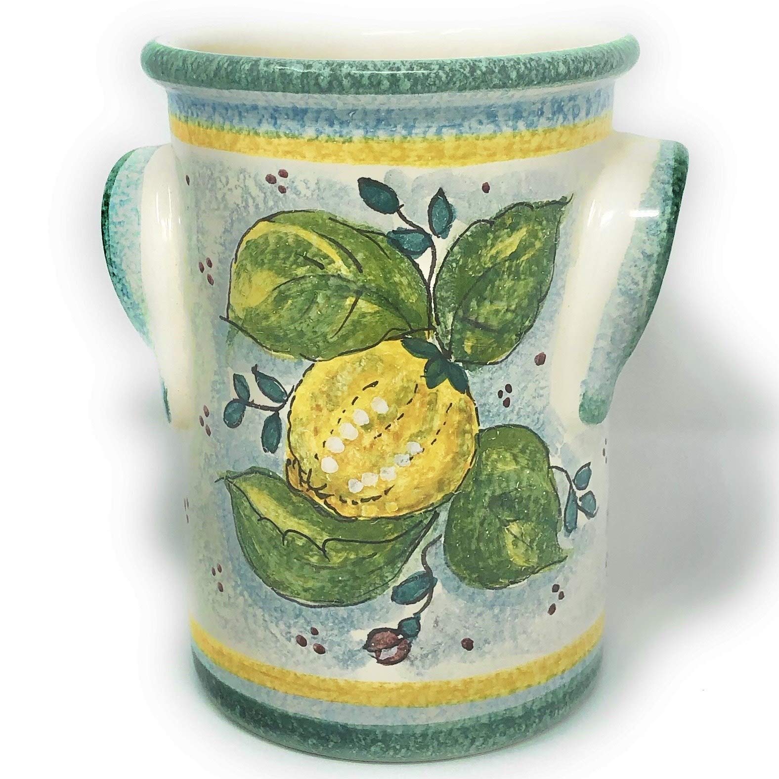 Hand Painted Italian Ceramic Utensil Holder & Wine Bottle - Tuscan Art Pottery with Lemon Decor - Made in Italy | Perfect for Kitchen Organization & Rustic Home Decor