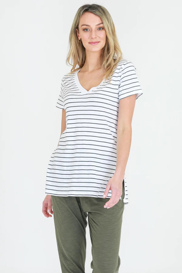 Frankie V Neck Tee for Women - Navy & White Striped Cotton T-Shirt - Casual Summer Top for Everyday Wear, Outings & Layering