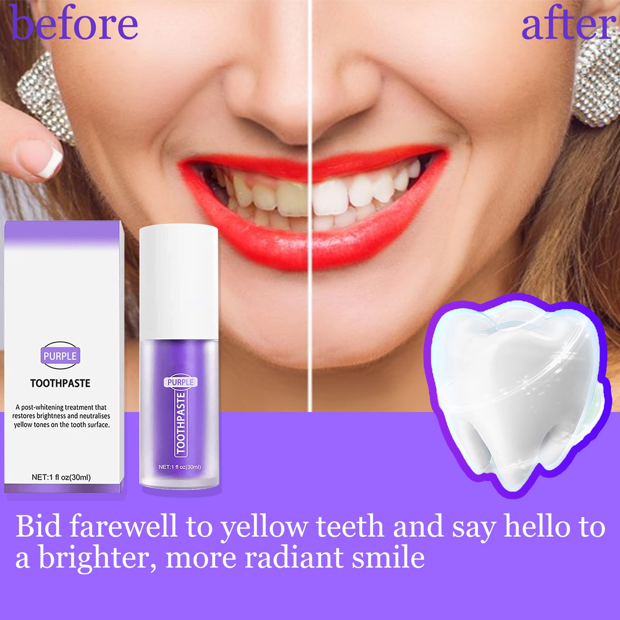 Purple Teeth Whitening Toothpaste - Professional Anti-Tartar & Stain Removal Formula for Brighter Smile | Perfect for Daily Oral Care & Coffee/Tea Drinkers