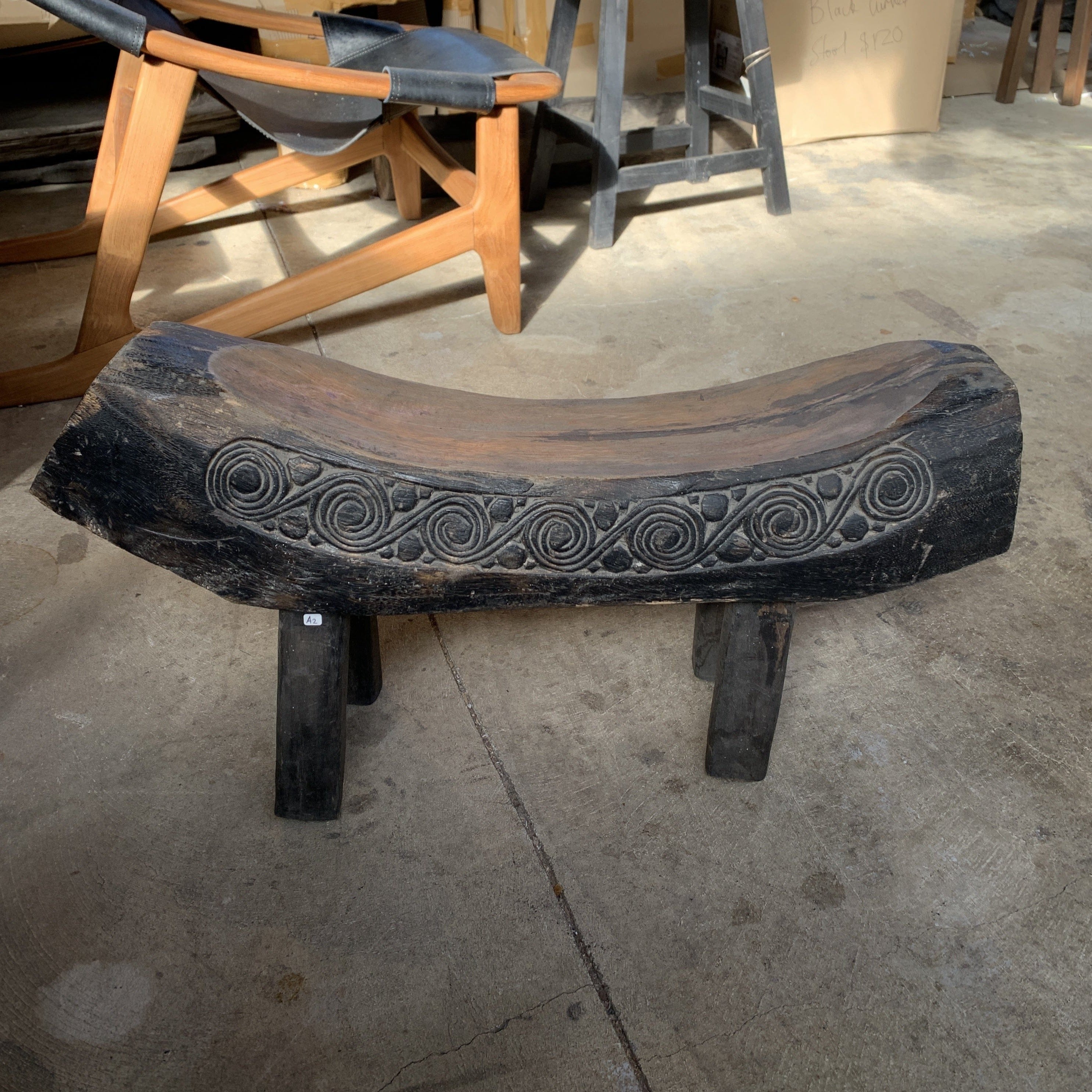 Handcrafted Teak Wood Canoe Stool - Rustic Boho Home Decor for Living Room, Bedroom & Outdoor Patio Furniture