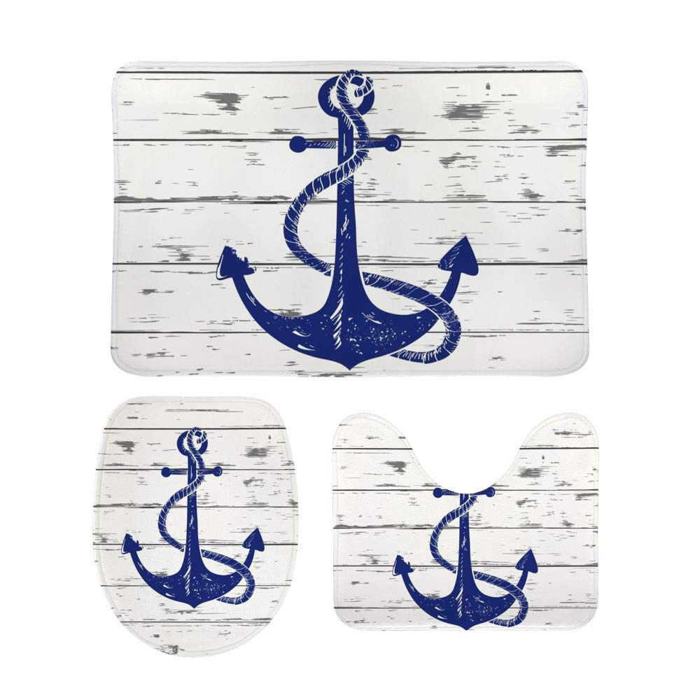 3 Piece Bathroom Rug Set - Nautical Anchor Design Contour Mat, Toilet Lid Cover & Non-Slip Bath Mat for Vintage Coastal Decor - Perfect for Bathroom, Guest Room & Beach House Style