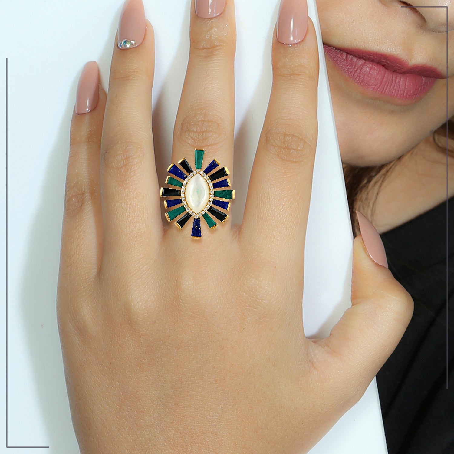 14K Yellow Gold Marquise MOP Evil Eye Ring with Baguette Spinel & Pave Diamonds - Spiritual Protection Jewelry for Women, Perfect for Daily Wear & Gift Giving