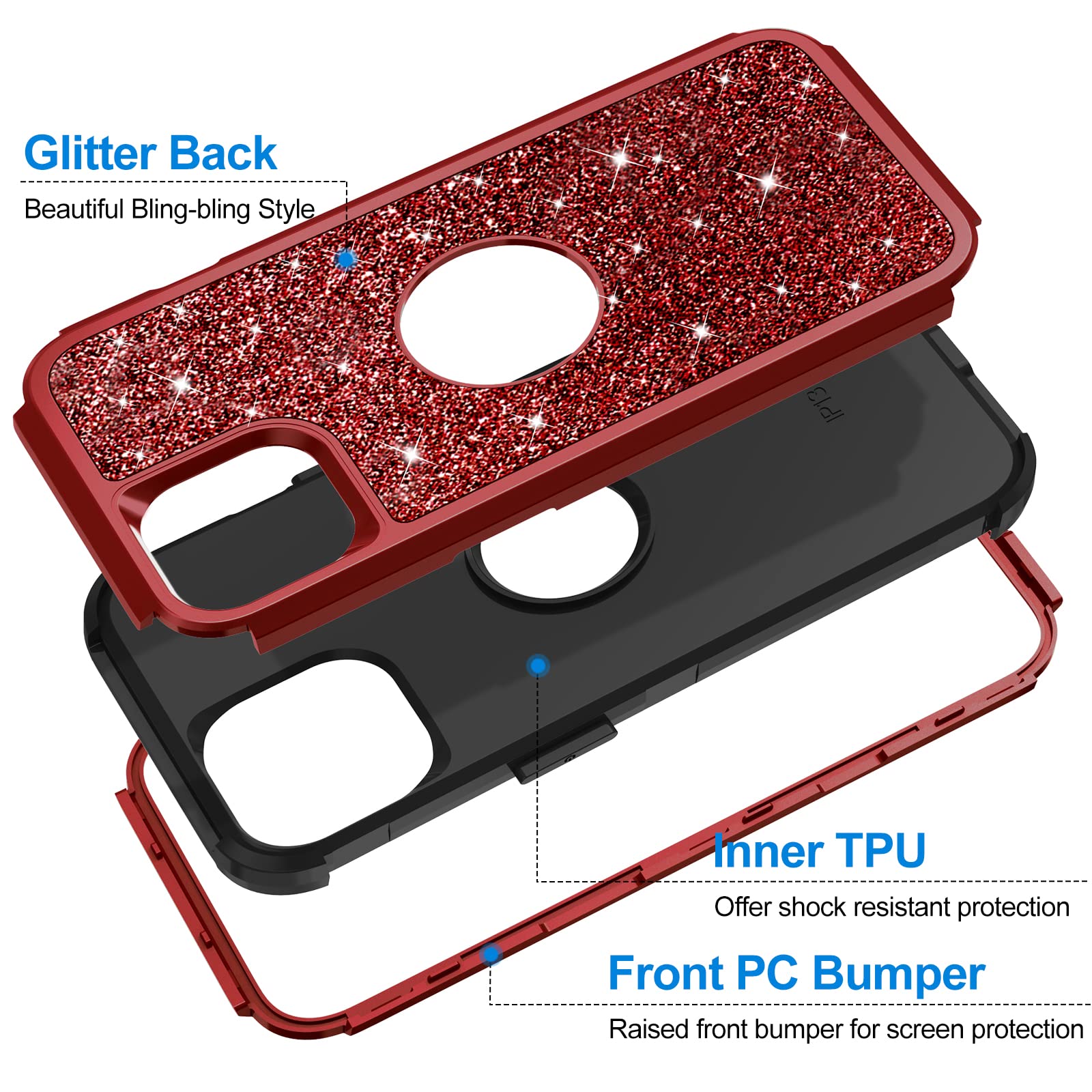 Hython Glitter iPhone 13 Case - Sparkly Shiny Bling Protective Cover with 3-in-1 Hybrid Design (Hard PC + Soft TPU) | Shockproof Full Body Protection for Women & Girls | Perfect for Everyday Use, Parties & Gifts (Red)