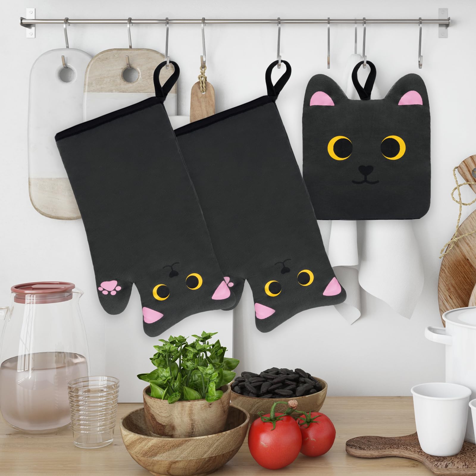 Heat Resistant Oven Mitts and Pot Holders Set - Cute Cat Design Cooking Gloves with Quilted Cotton Lining for Baking, Grilling & Microwave Use - Perfect Kitchen Gift for Mom & Housewarming (Black) - Ideal for Holiday Cooking, BBQ Parties & Home Kitchen Safety