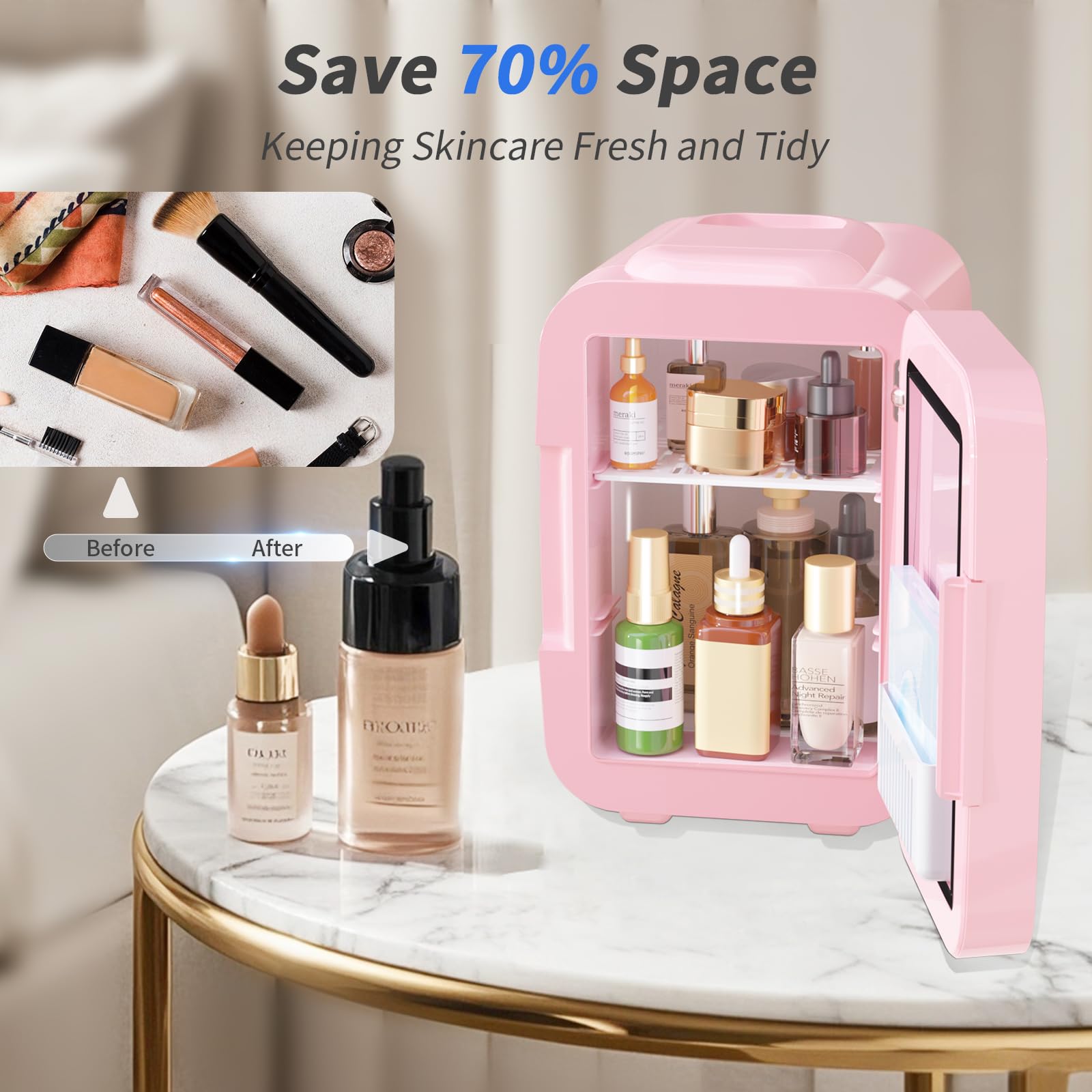 YASHE 4L Mini Skincare Fridge with LED Mirror - Portable Cooler & Warmer for Cosmetics, Makeup, Food & Drinks (Holds 6 Cans) - Perfect for Bedroom, Vanity, Office & Car Use - Pink Beauty Fridge with Dimmable Light