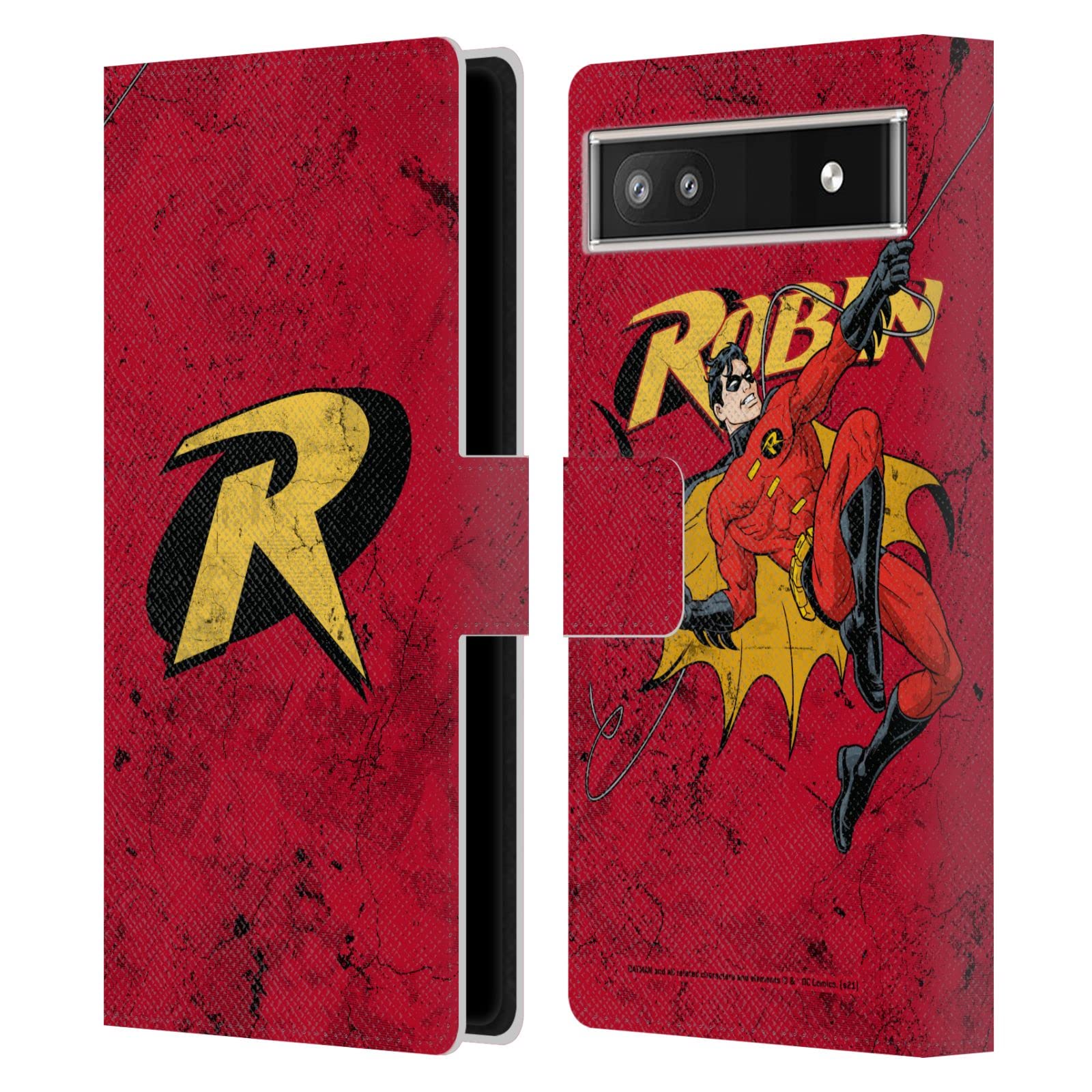 Head Case Designs Batman DC Comics Logo Grunge Robin Leather Book Wallet Case Cover for Google Pixel 6a - Perfect for Travel & Daily Protection