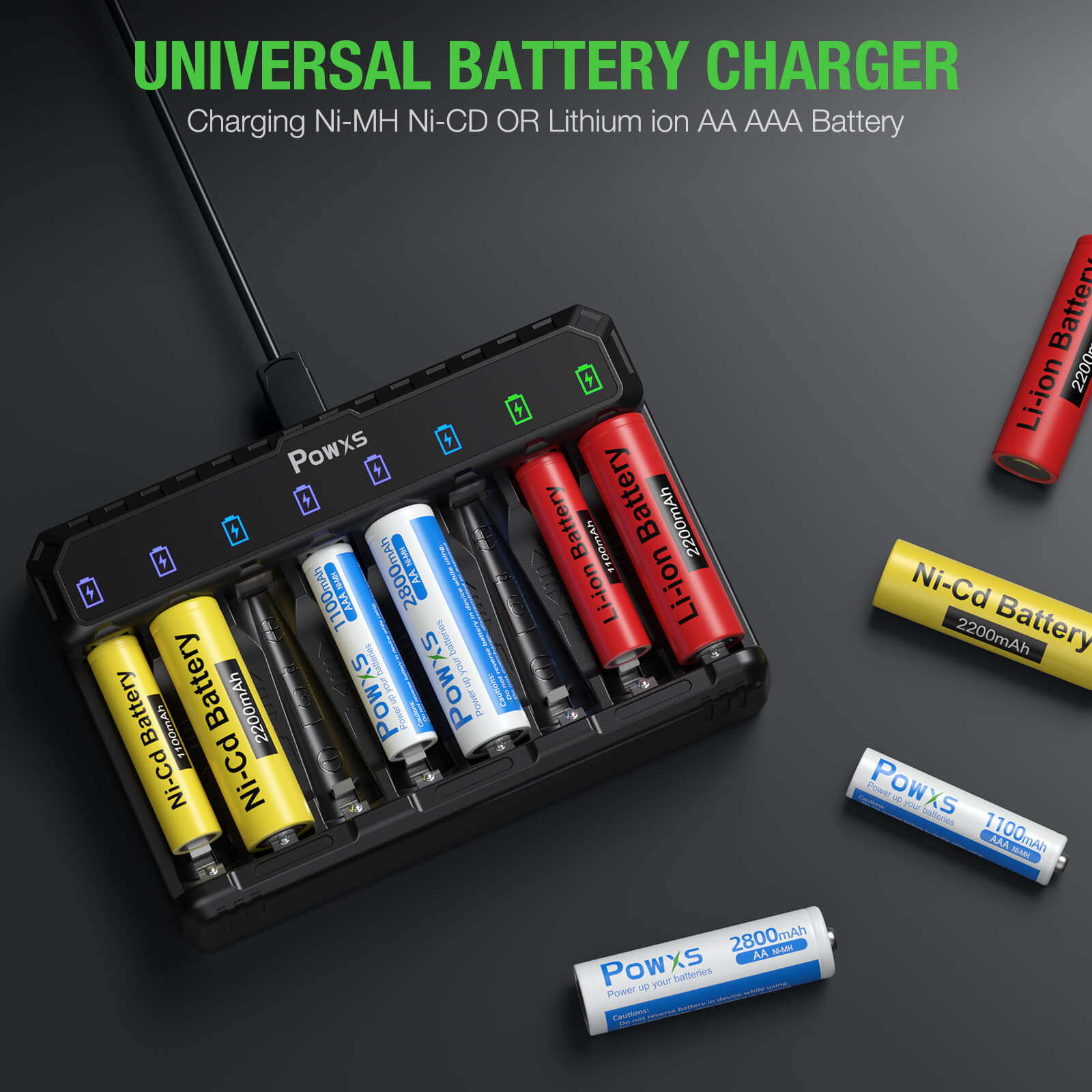 POWXS Rechargeable AA Batteries 2800mAh - 8-Slot LCD Smart Charger Included - High Capacity NiMH Batteries for Cameras, Flashlights, Toys & More - Perfect for Home, Office & Travel Use