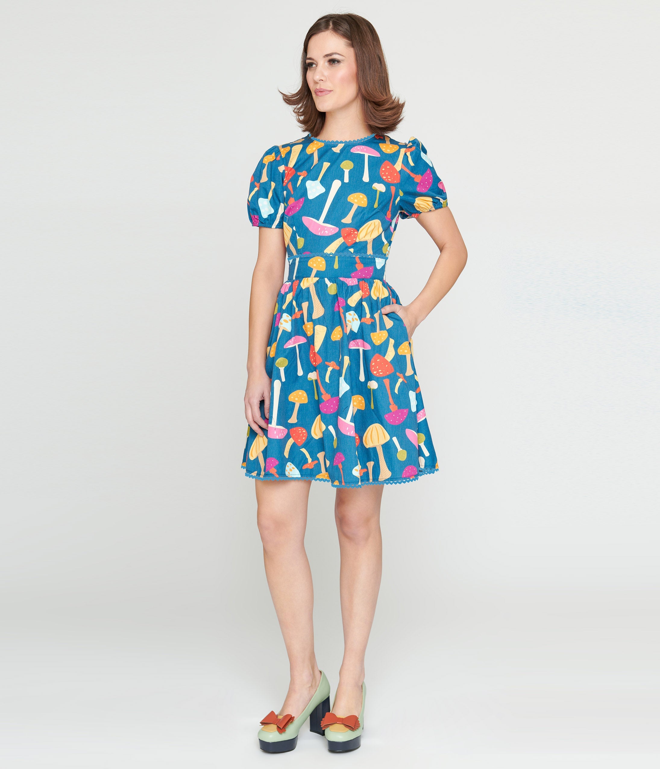 Vintage 1960s Navy & Rainbow Mushroom Print Open Back Flare Dress - Retro Hippie Party Outfit for Women, Perfect for Music Festivals & Themed Parties
