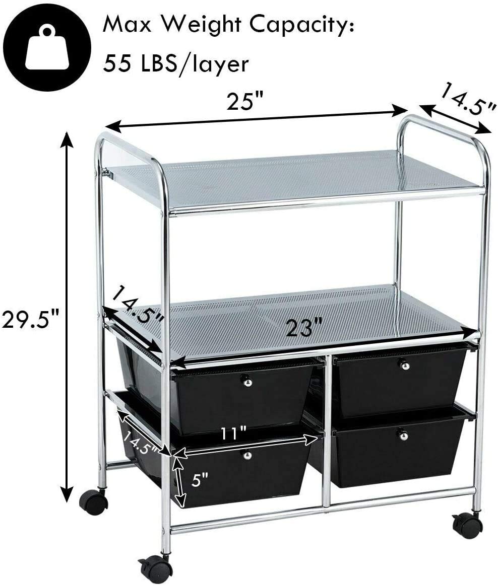 Byroce 4-Drawer Rolling Storage Cart with 2 Shelves & Wheels - 3-Tier Metal Utility Trolley with Handles for Home, Office & Kitchen Organization (Black) - Perfect for Pantry, Bathroom & Craft Room Storage