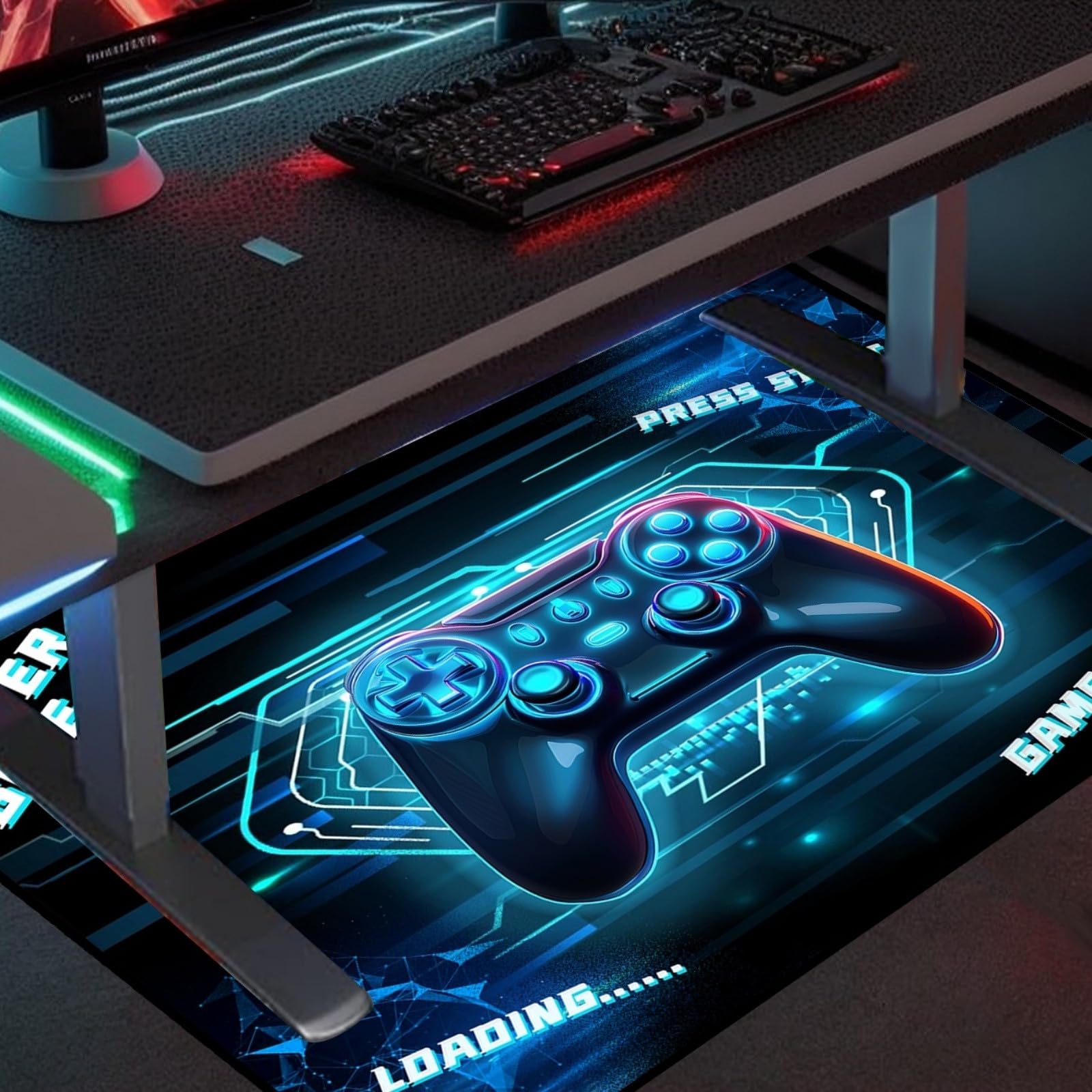 3D Gamepad Controller Area Rug - Blue Gamer Rug for Kids Room, Teen Bedroom & Living Room - Non-Slip Polyester Floor Mat (47