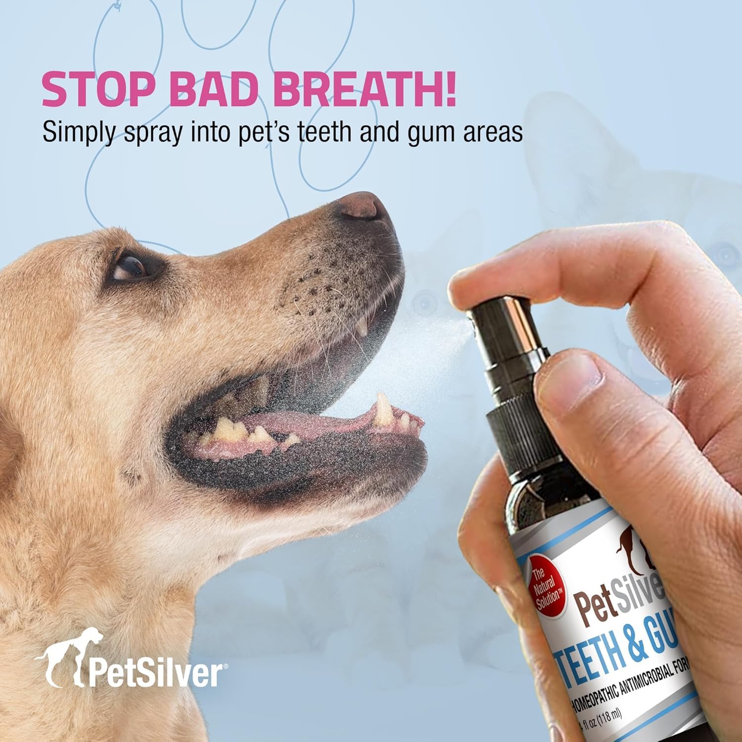 Pet Dental Care Spray for Dogs & Cats - Natural Teeth & Gum Cleaner with Patented Chelated Silver - Reduces Plaque & Tartar Build-Up - Fresh Breath Oral Hygiene Solution - Made in USA - 4oz, 2-Pack - Perfect for Daily Dental Care & Bad Breath Prevention