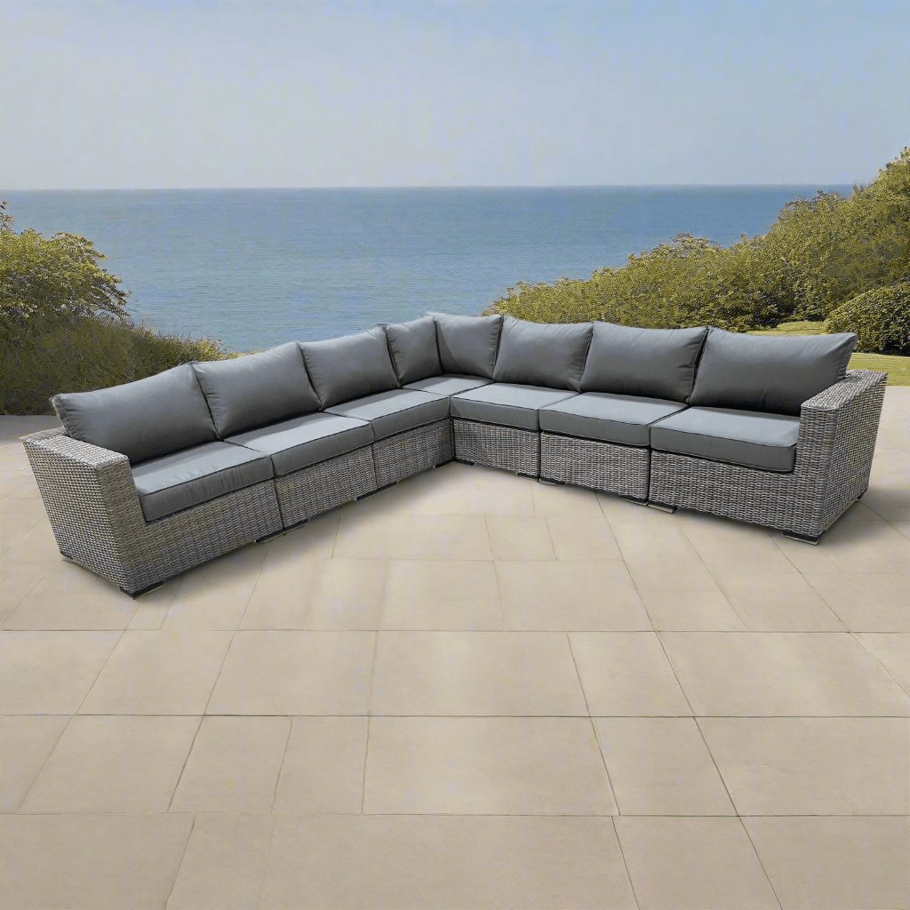 Riviera Outdoor Patio Wicker Large Corner Sectional Sofa Set - Grey Weather-Resistant Wicker with Charcoal Sunbrella Cushions | Perfect for Poolside, Backyard, and Garden Relaxation