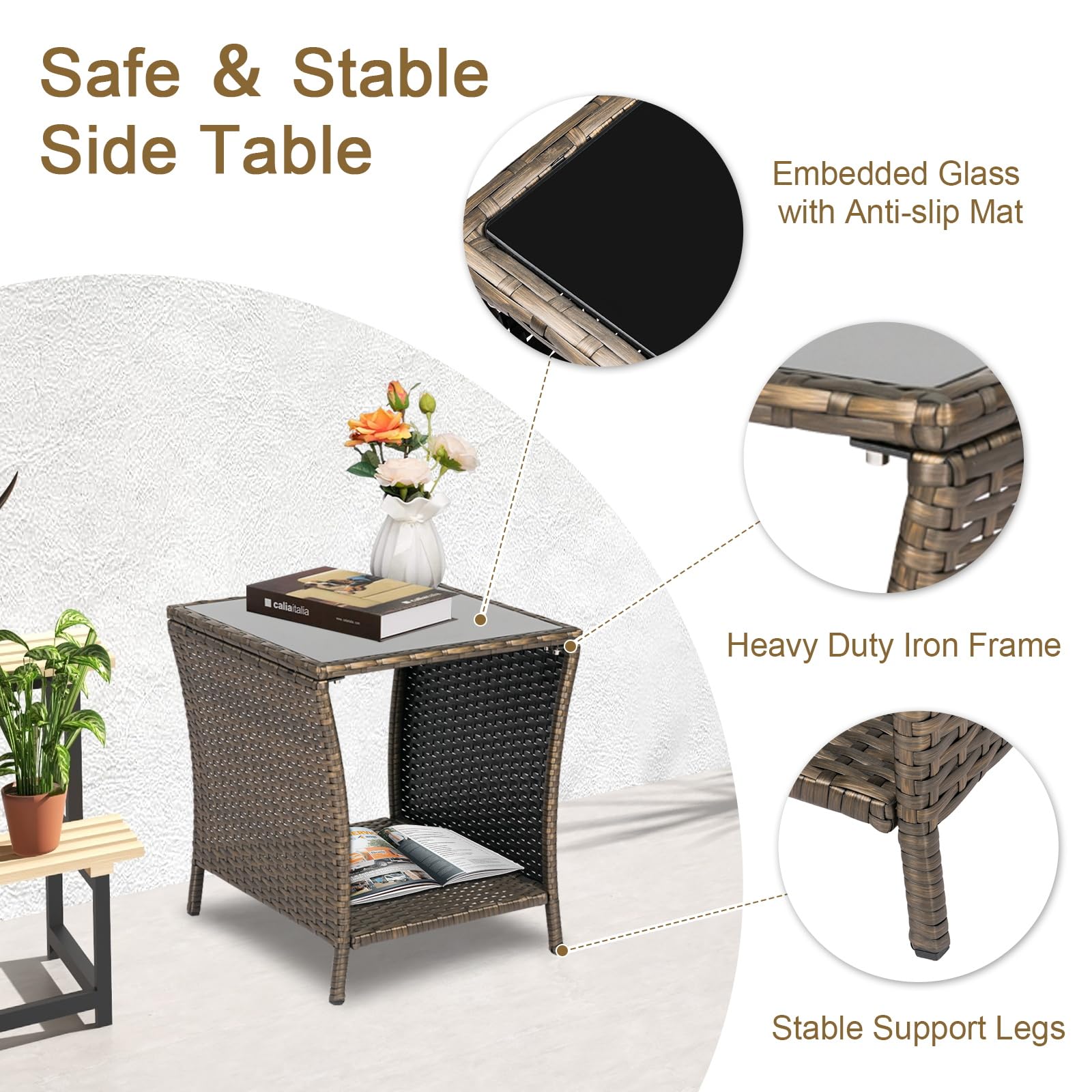 Outdoor PE Rattan Bistro Table with Iron Frame - Square Wicker Side Table with Glass Top for Patio, Garden, Poolside & Lawn - Dark Blonde Finish - Perfect for Outdoor Dining, Lounging & Entertaining